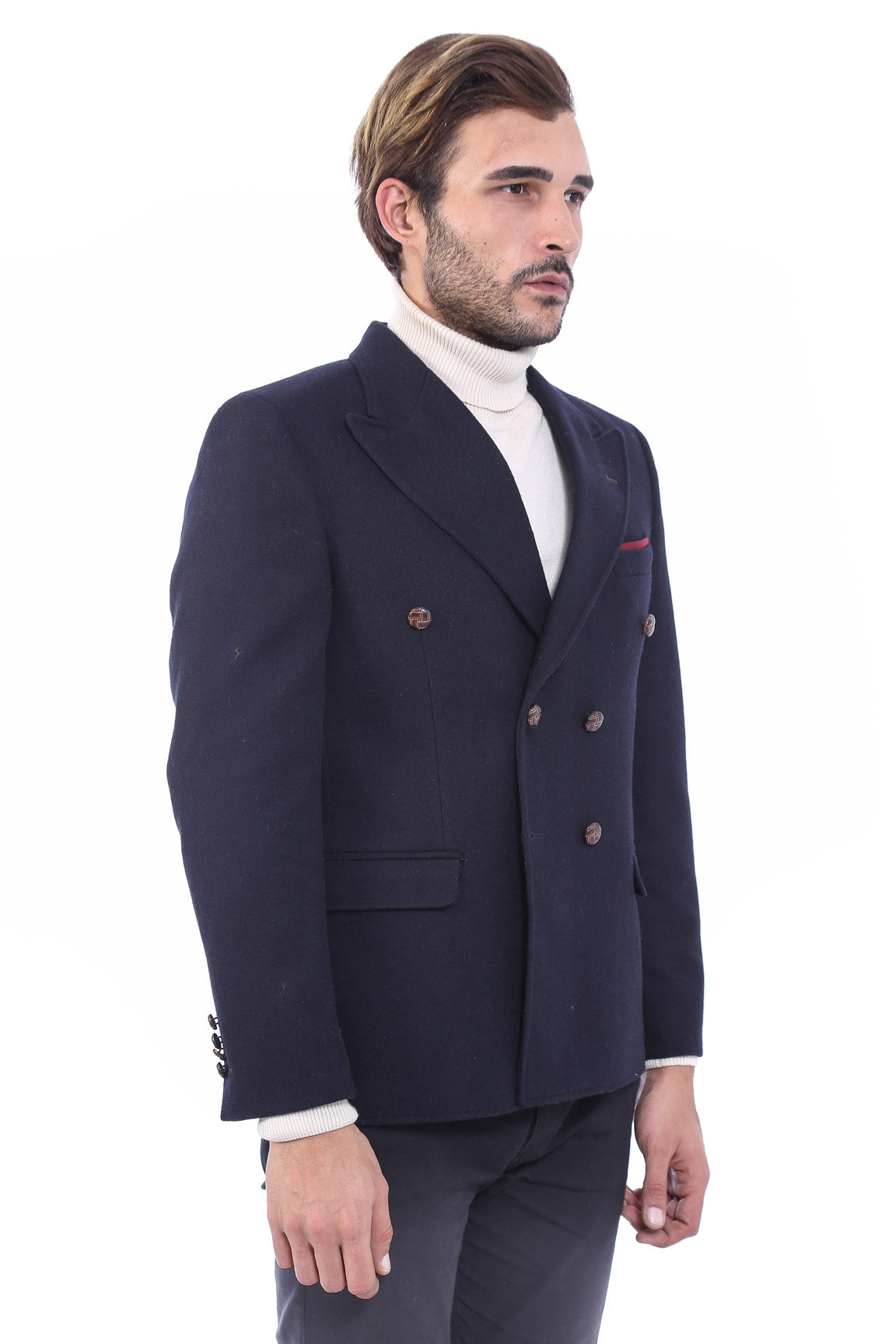 Mens Double Breasted Slim Fit Navy Blue Blazer - Wessi