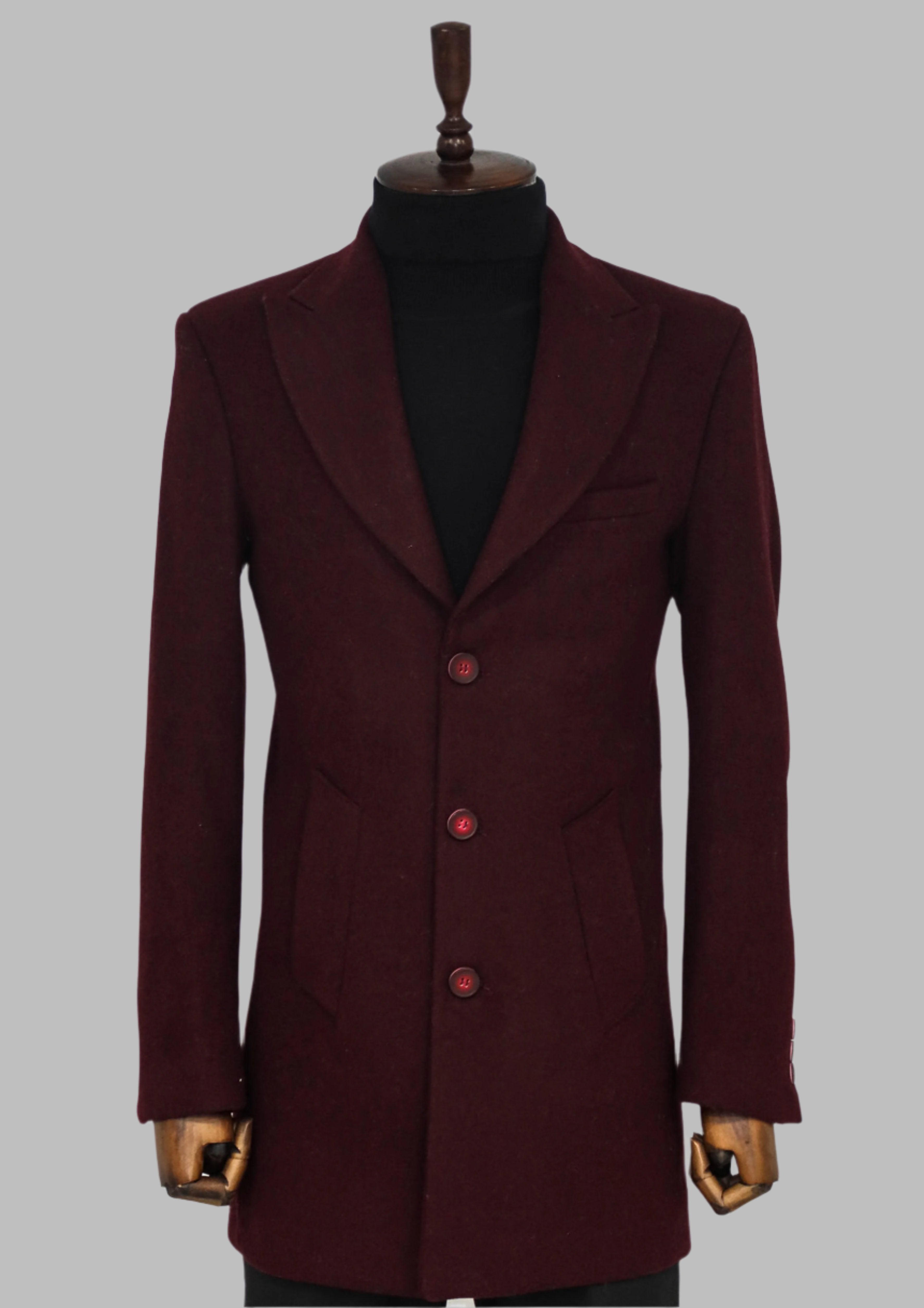 Burgundy Wool Coat, Knit Sweater, Scarf, Cap, and Patterned Trousers Combination - Noble Winter Style - Wessi
