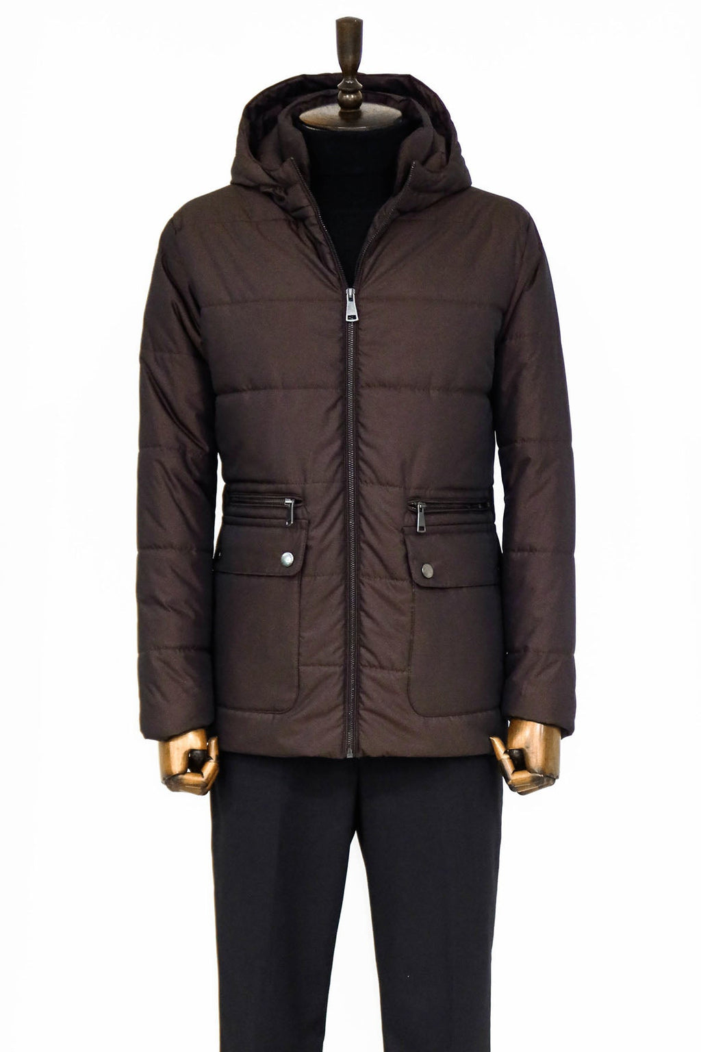 4 Pockets Hooded Zippered Quilted Brown Men Down Coat