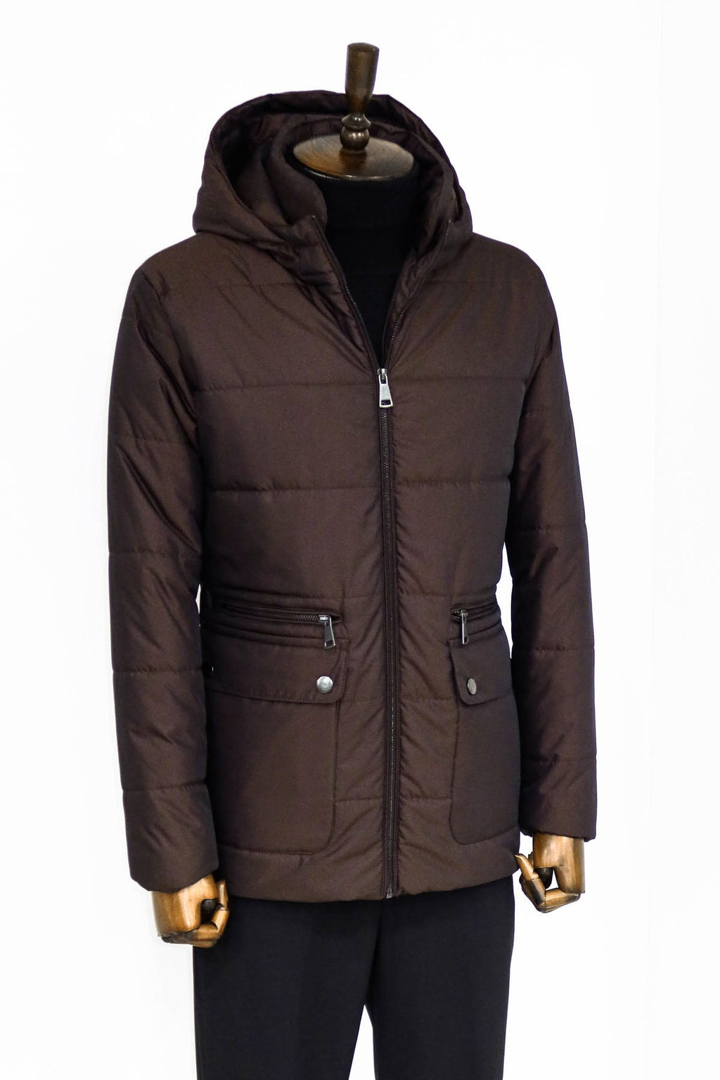 4 Pockets Hooded Zippered Quilted Brown Men Down Coat