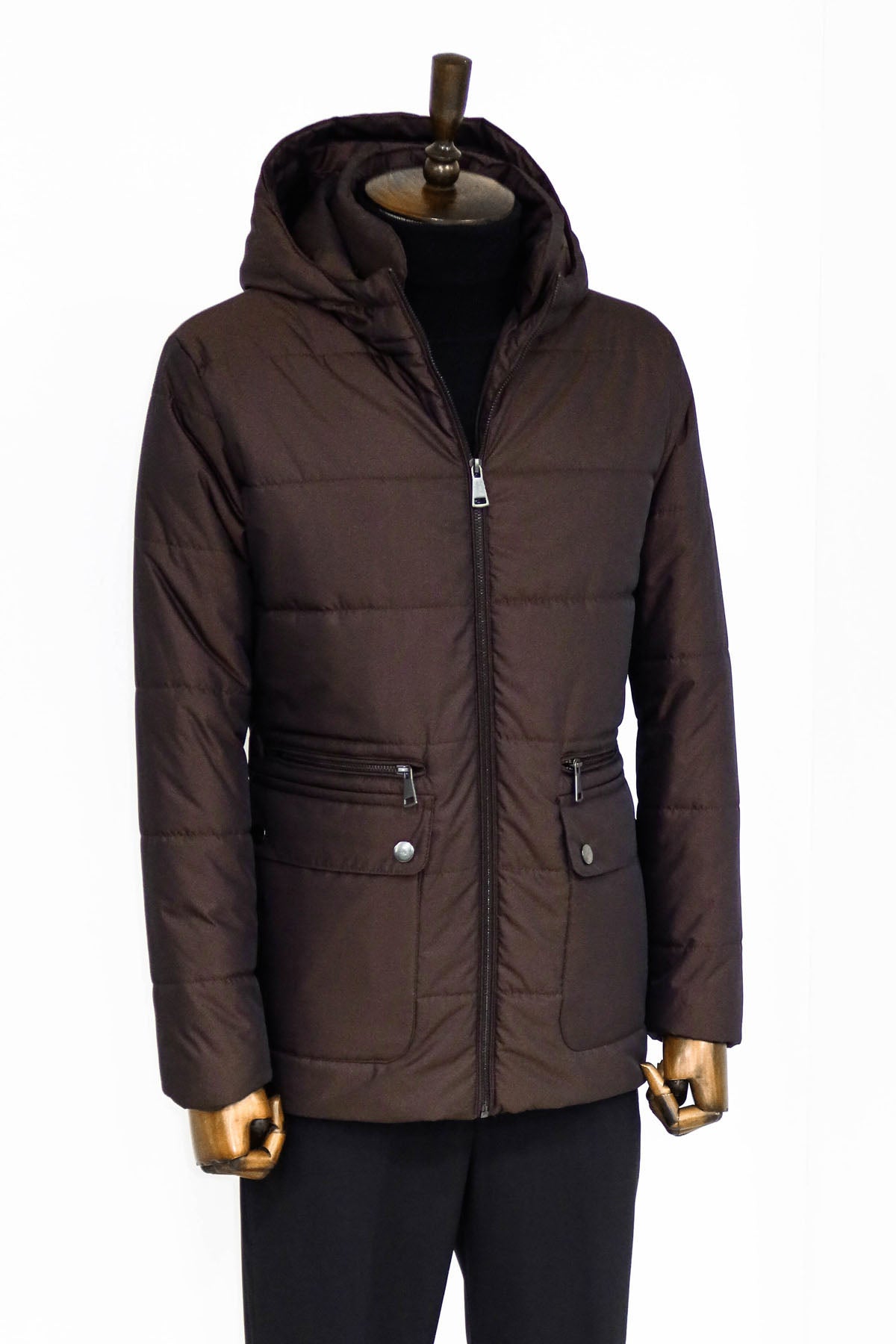 4 Pockets Hooded Zippered Quilted Brown Men Down Coat