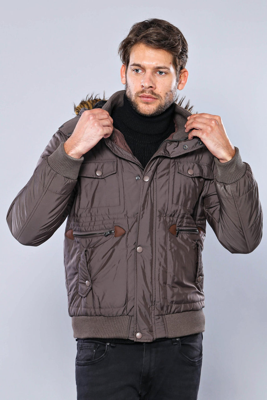 6 Pocket Bondite Zippered Hooded Brown Coat-Wessi