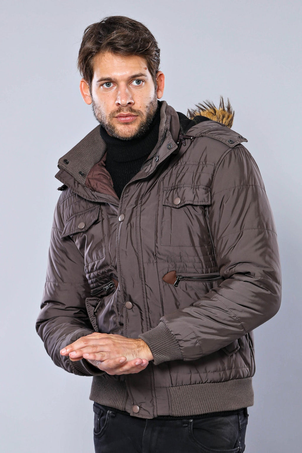 6 Pocket Bondite Zippered Hooded Brown Coat-Wessi