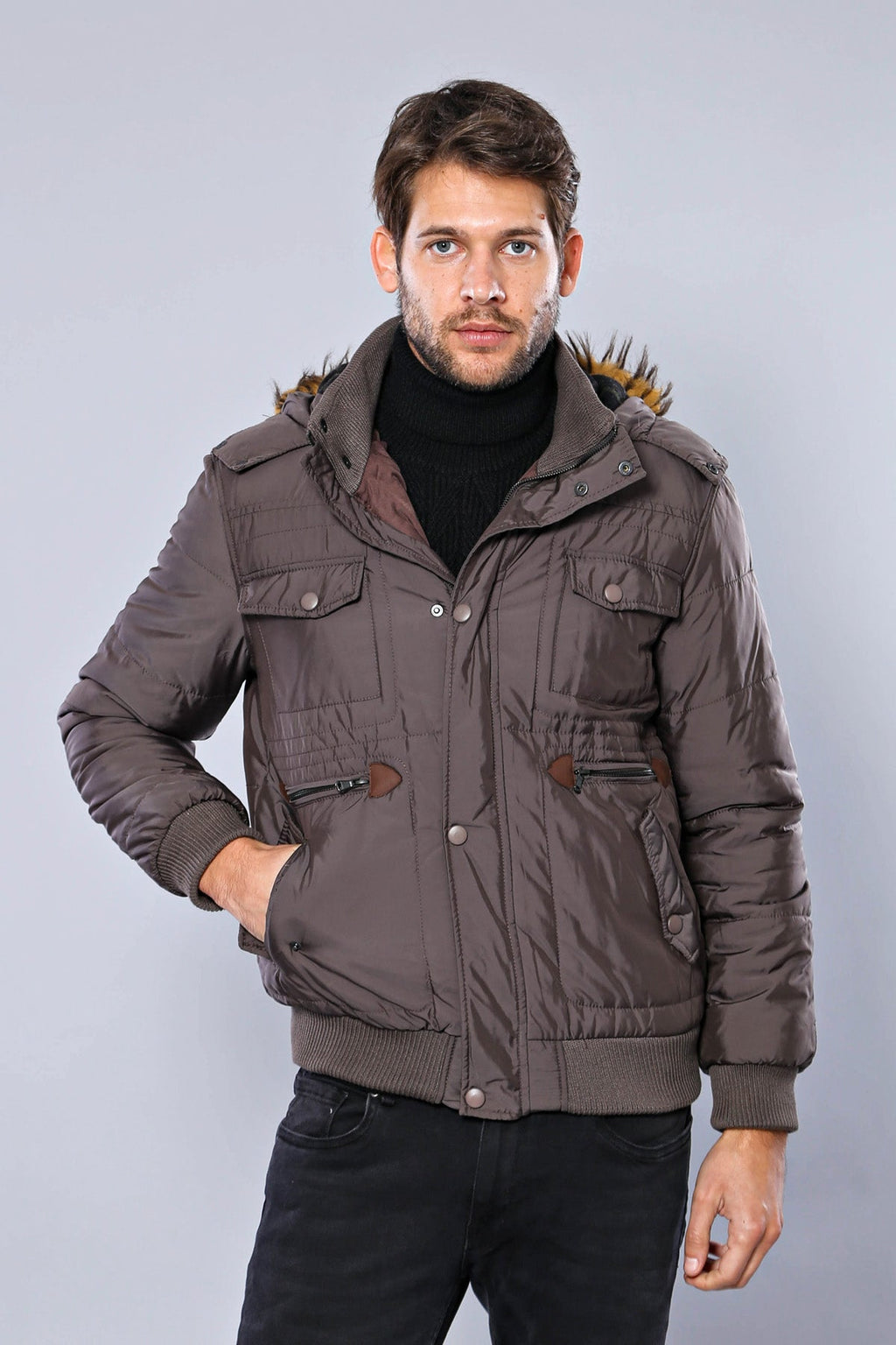 6 Pocket Bondite Zippered Hooded Brown Coat-Wessi
