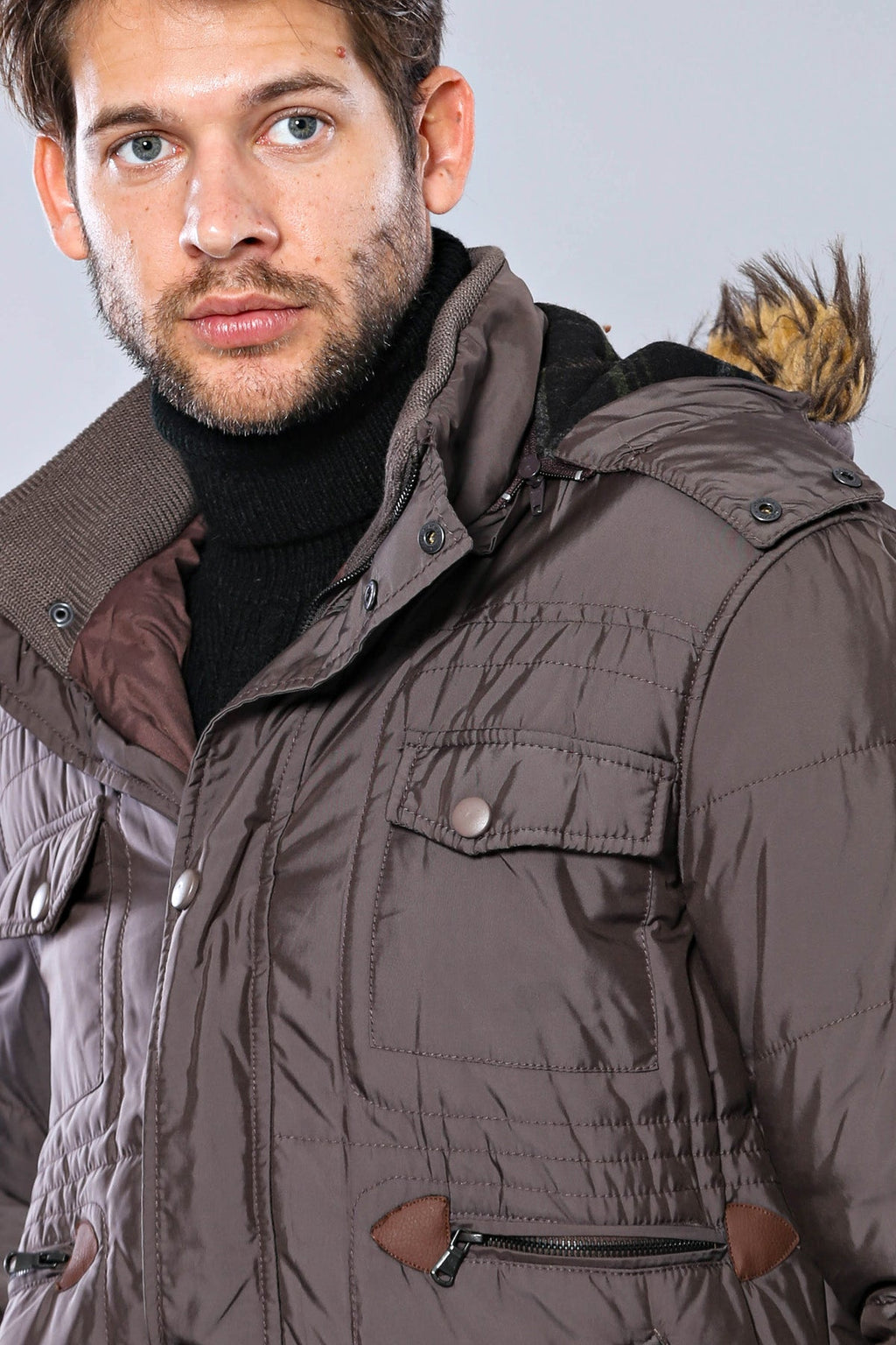 6 Pocket Bondite Zippered Hooded Brown Coat-Wessi