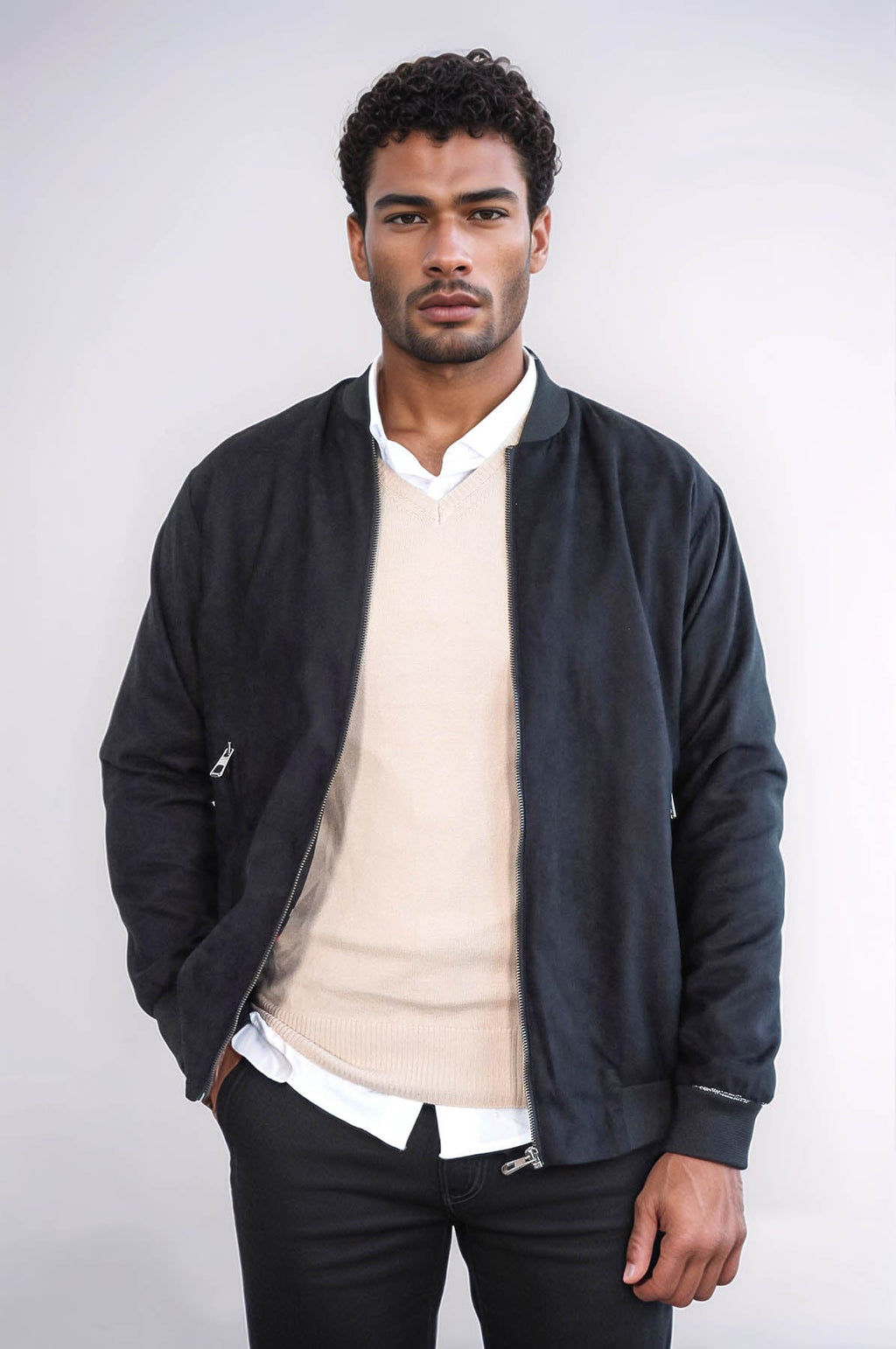 Plain Zippered Pockets Black Men Bomber Coat - Wessi