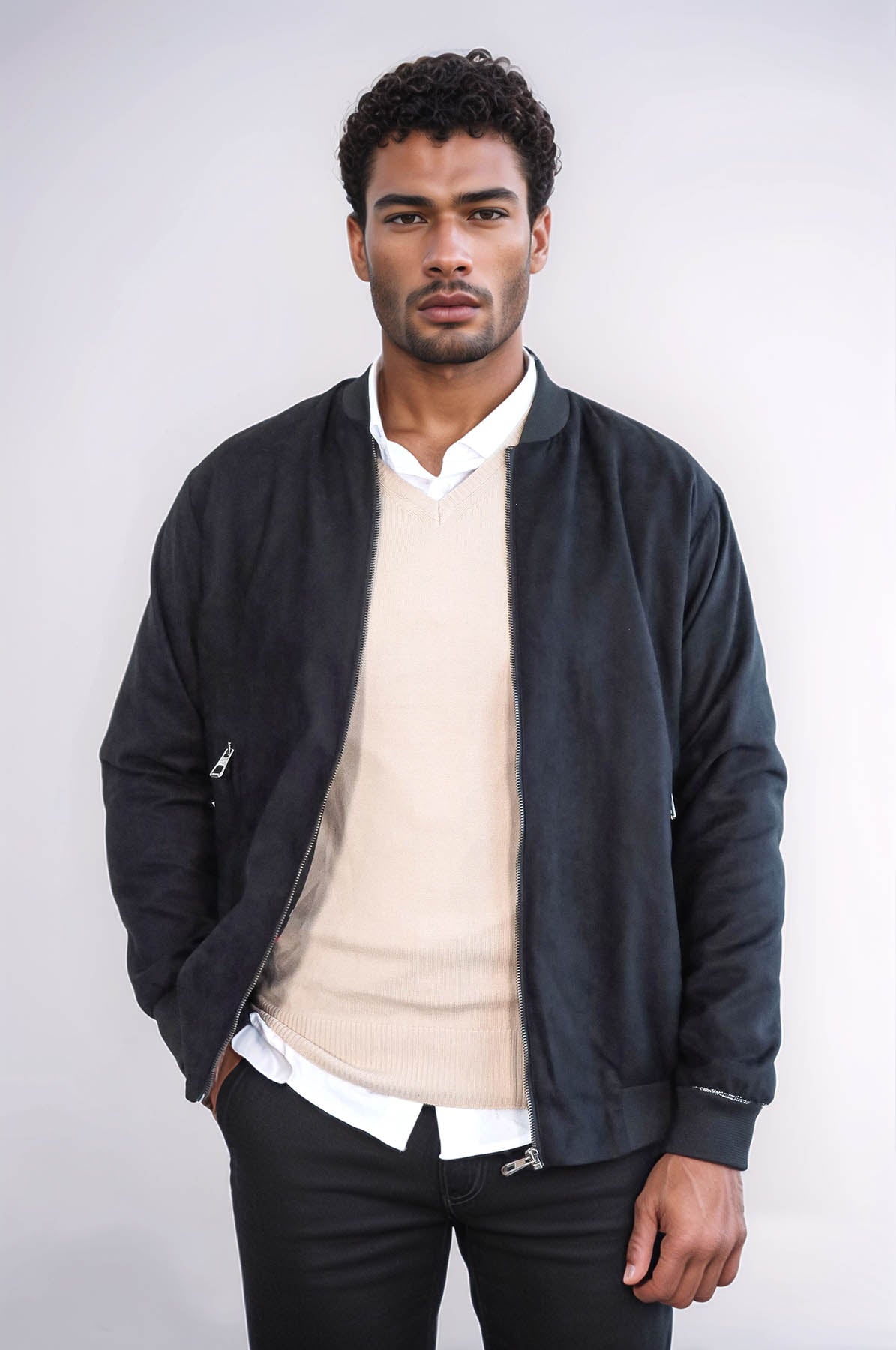 Plain Zippered Pockets Black Men Bomber Coat - Wessi