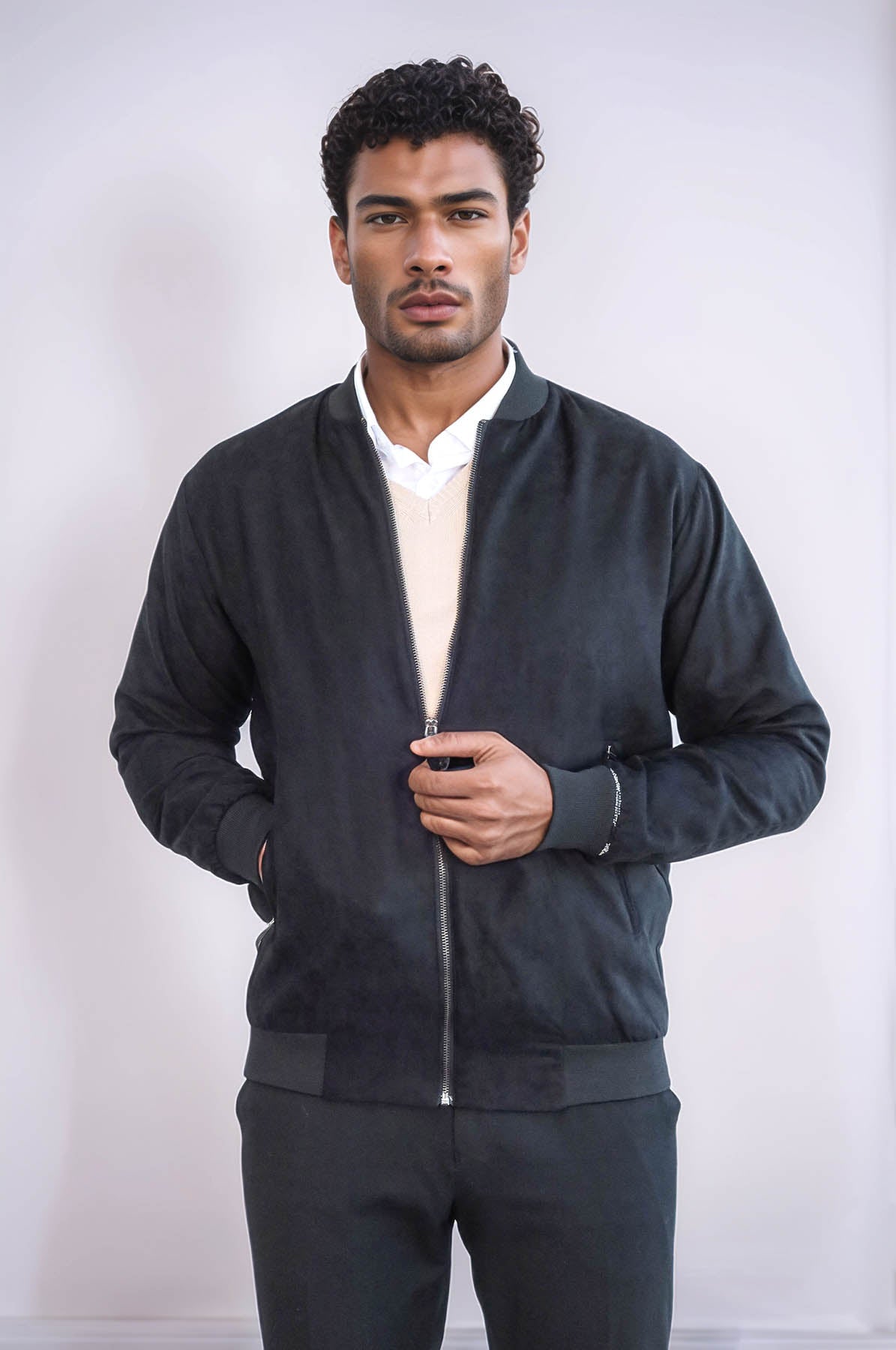 Plain Zippered Pockets Black Men Bomber Coat - Wessi