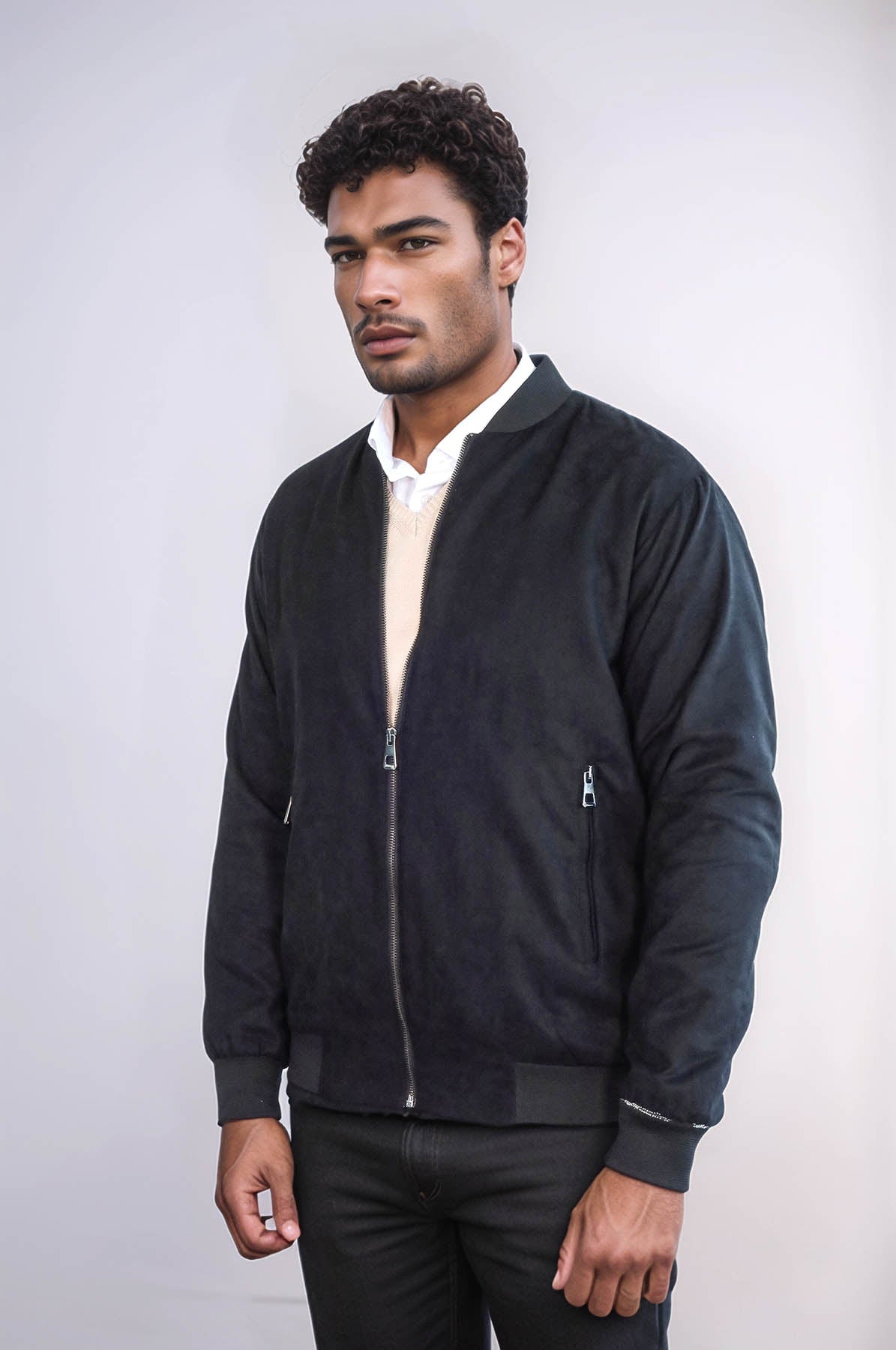 Plain Zippered Pockets Black Men Bomber Coat - Wessi