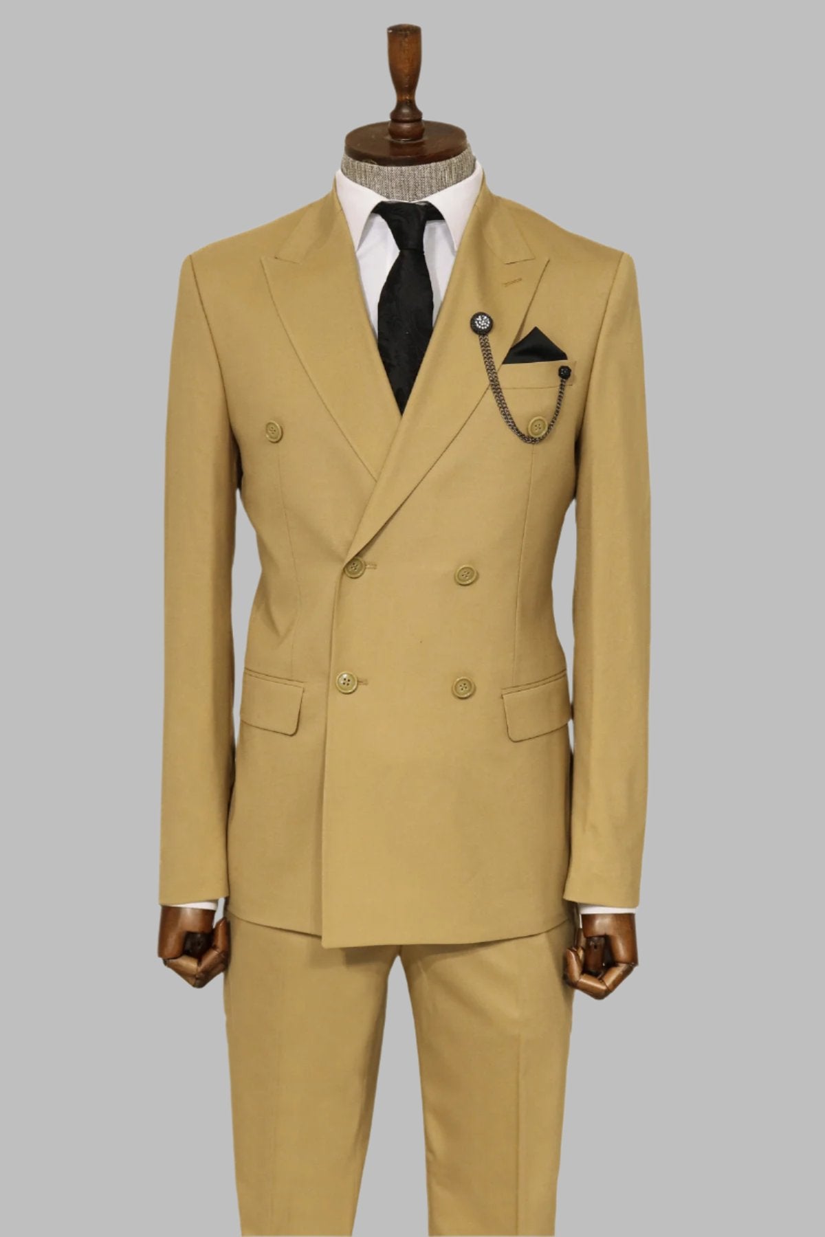 Beige Double-Breasted Suit, White Shirt, Tie, and Brown Scarf Combination - Classic and Modern Harmony - Wessi