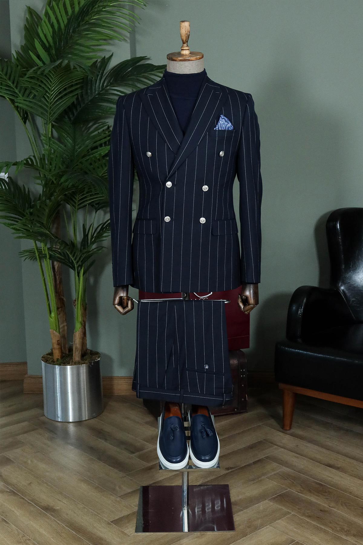 Pinstripe Double-Breasted Navy Suit and Knitwear Look for Office Elegance - Wessi