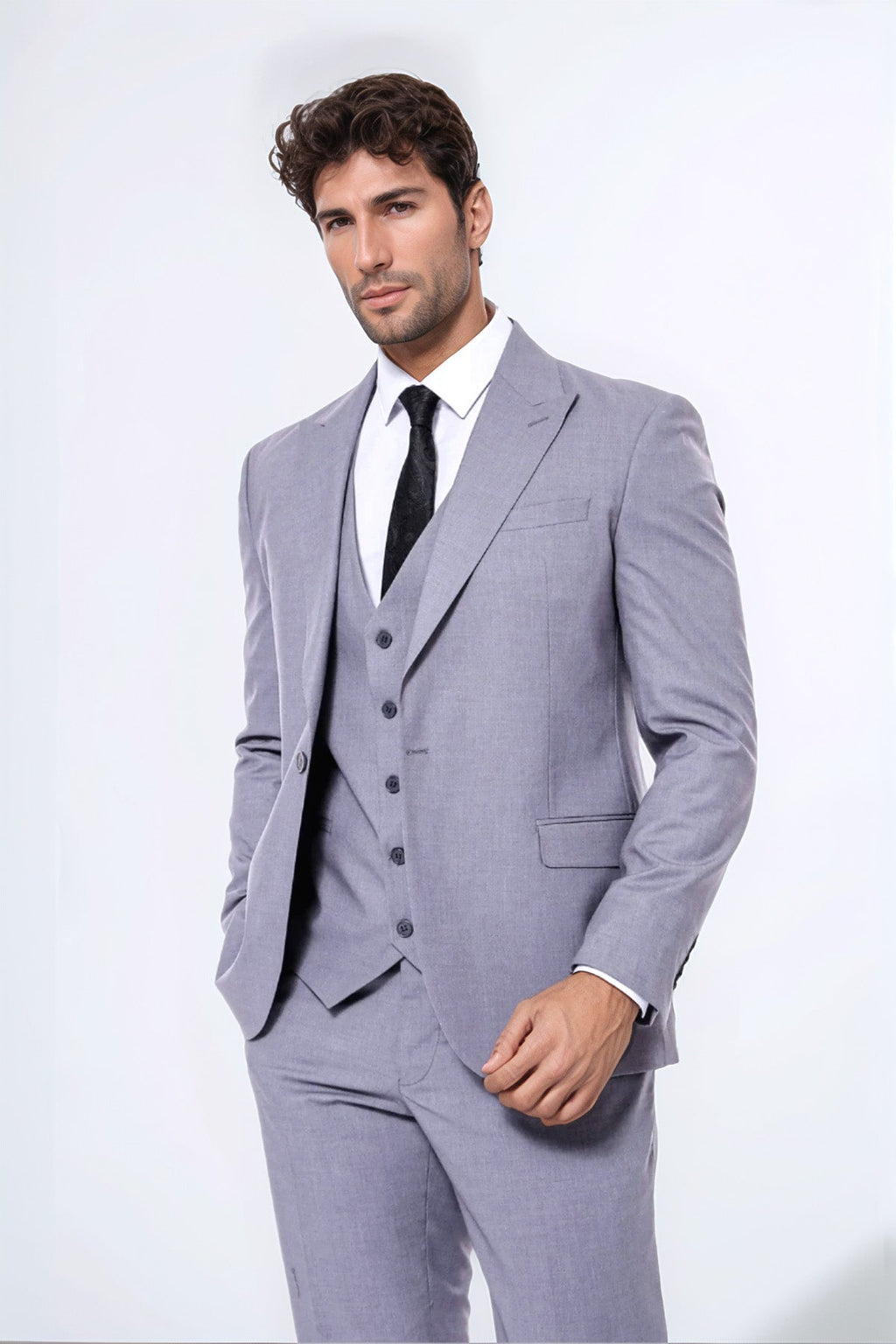 Grey Men's Plain Suit with Vest - Wessi