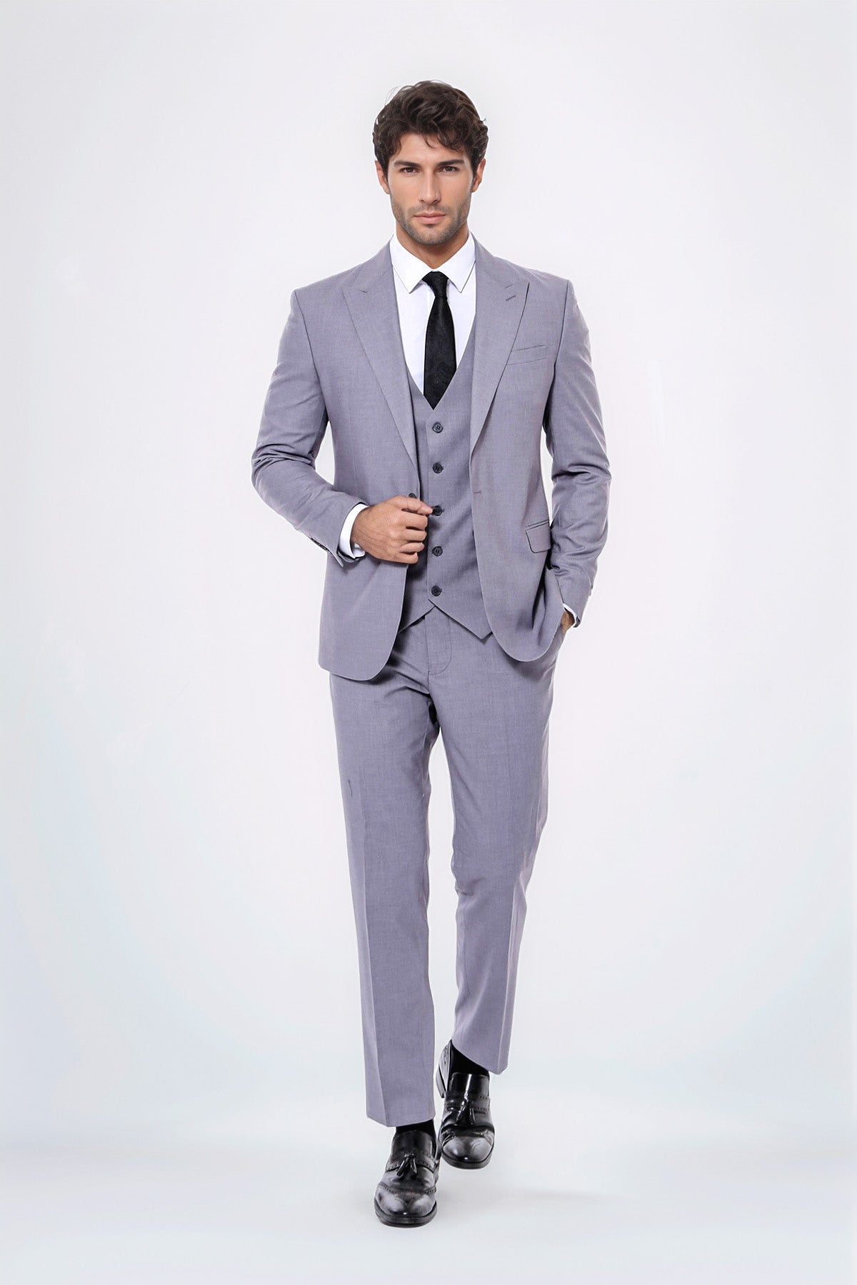Grey Men's Plain Suit with Vest - Wessi
