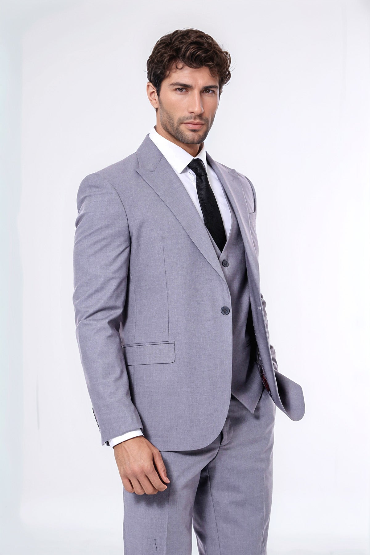 Grey Men's Plain Suit with Vest - Wessi