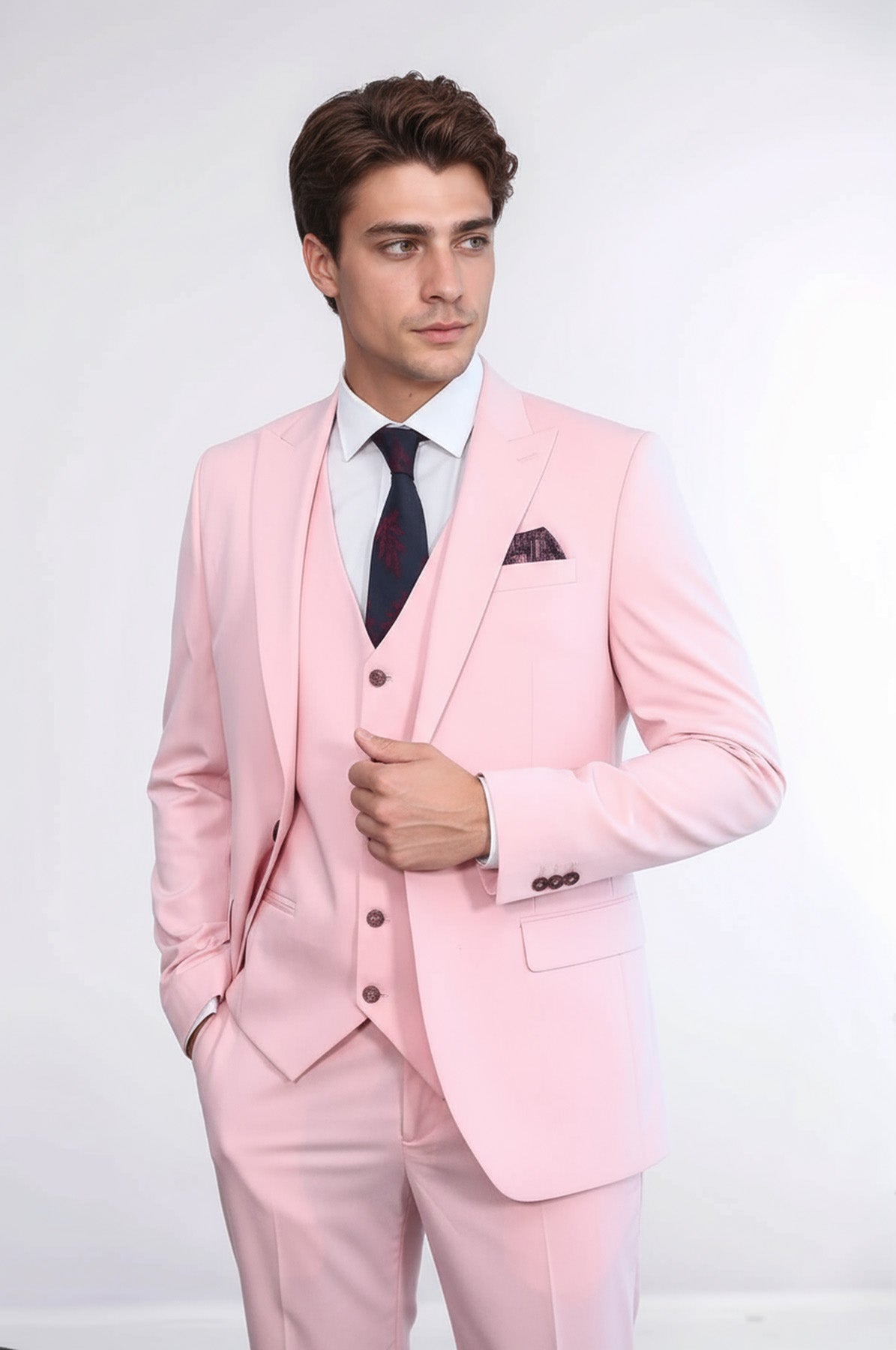 Pink Men's Plain Suit with Vest - Wessi