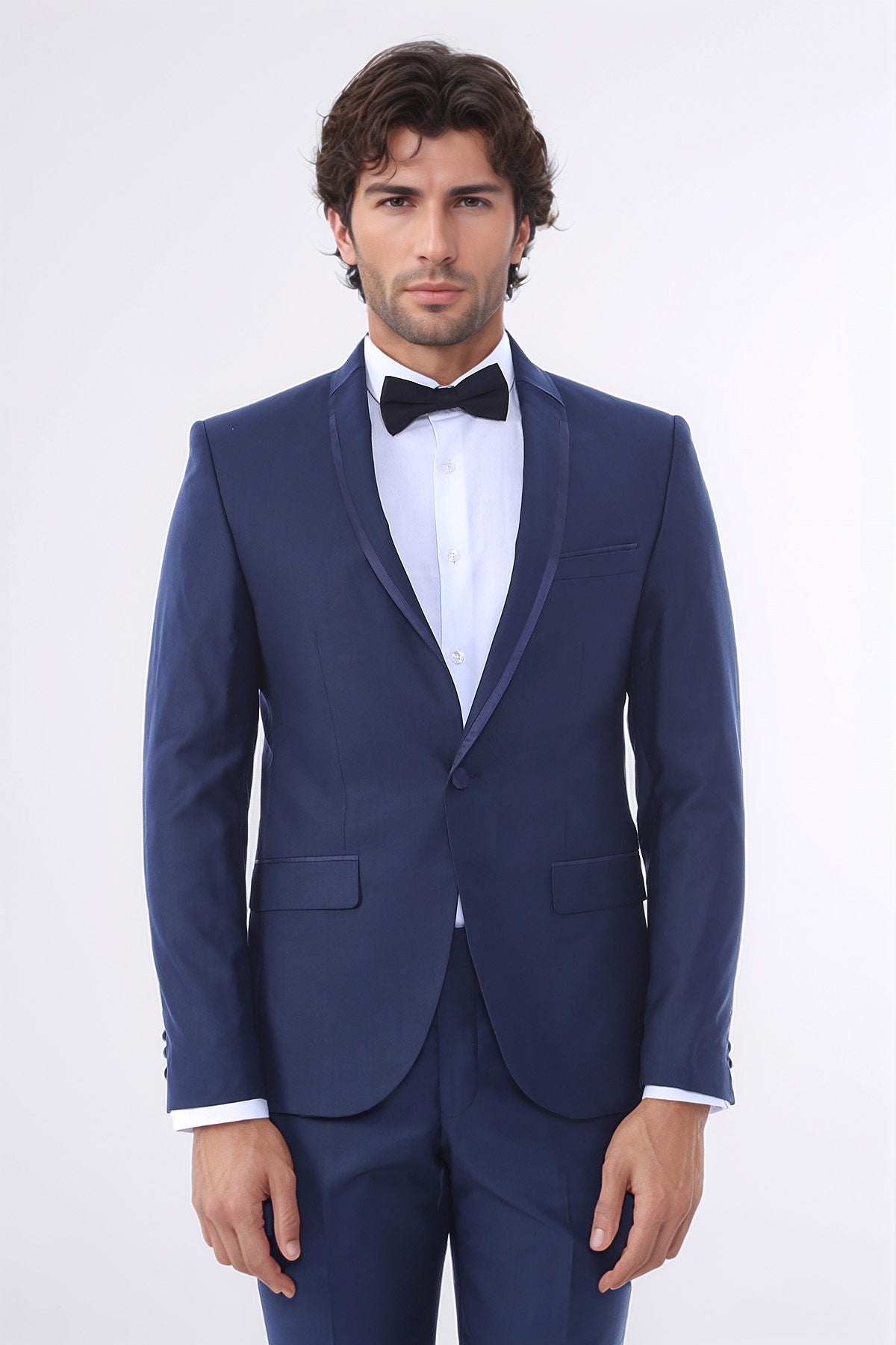 2 Piece Tuxedo Collar Piping Navy Blue Suit-Wessi