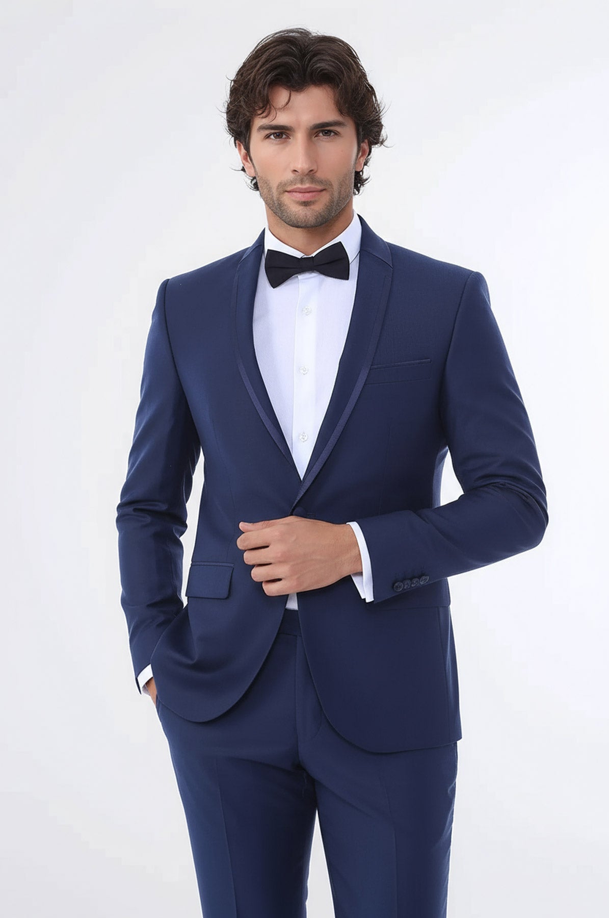 2 Piece Tuxedo Collar Piping Navy Blue Suit-Wessi