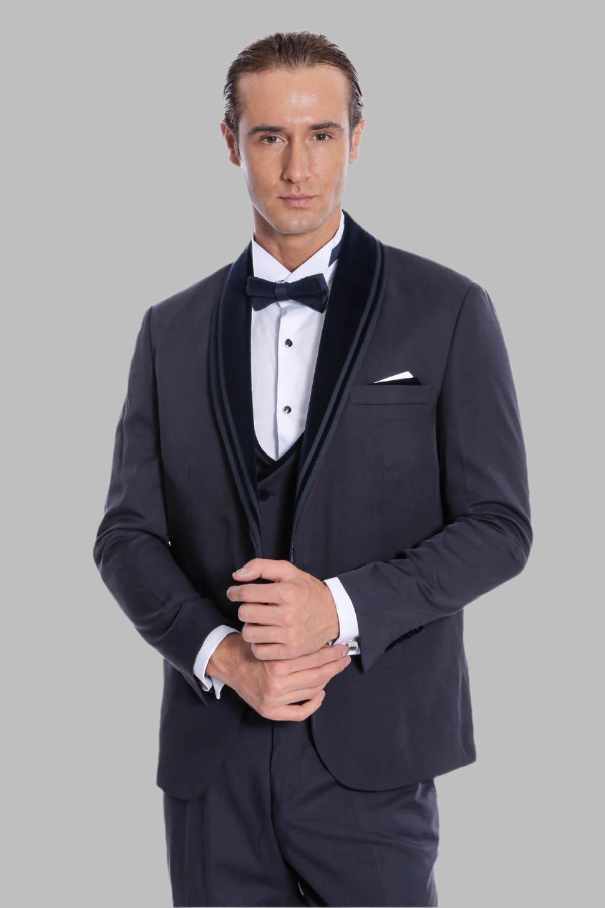 Detachable Velvet Lapel Navy Blue Tuxedo - Wessi