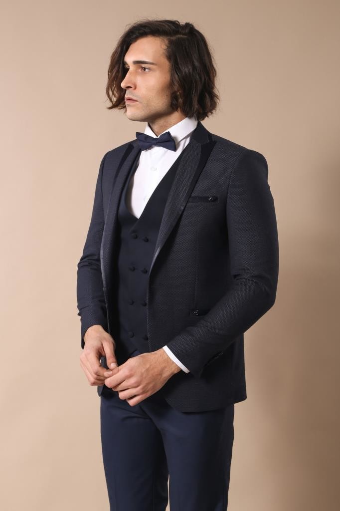 Dot Patterned Vested Dark Blue Wedding Suit | Wessi - Wessi