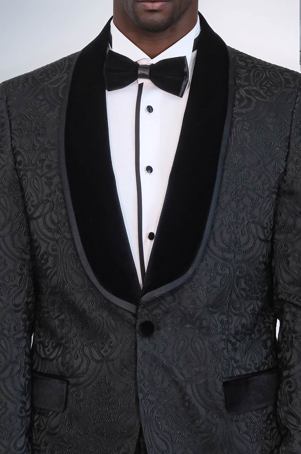2 Piece Damask Patterned Velvet Shawl Collar Black Men's Tuxedo Suit - Wessi
