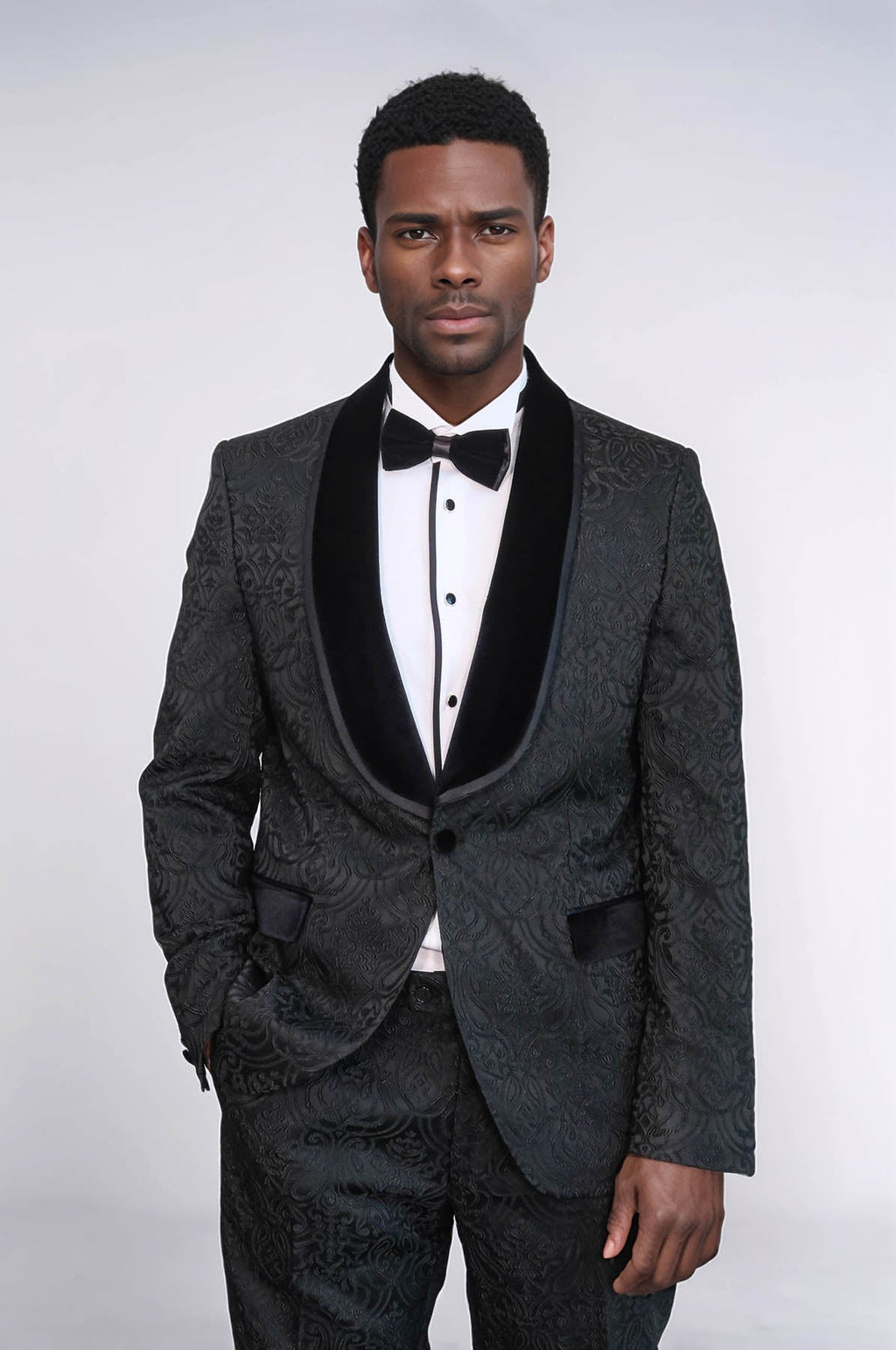 2 Piece Damask Patterned Velvet Shawl Collar Black Men's Tuxedo Suit - Wessi