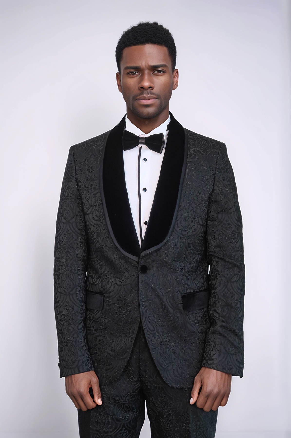 2 Piece Damask Patterned Velvet Shawl Collar Black Men's Tuxedo Suit - Wessi