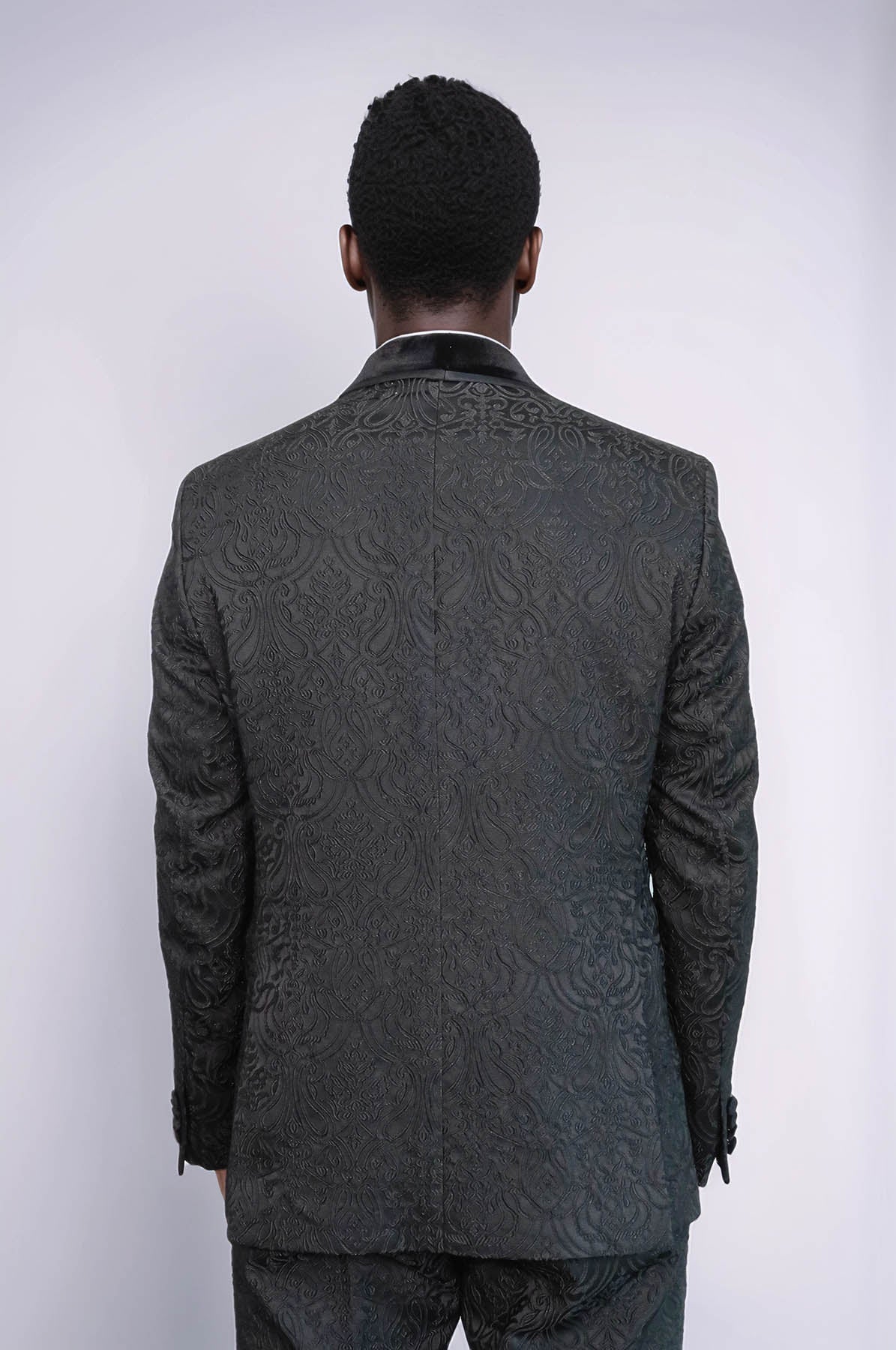 2 Piece Damask Patterned Velvet Shawl Collar Black Men's Tuxedo Suit - Wessi