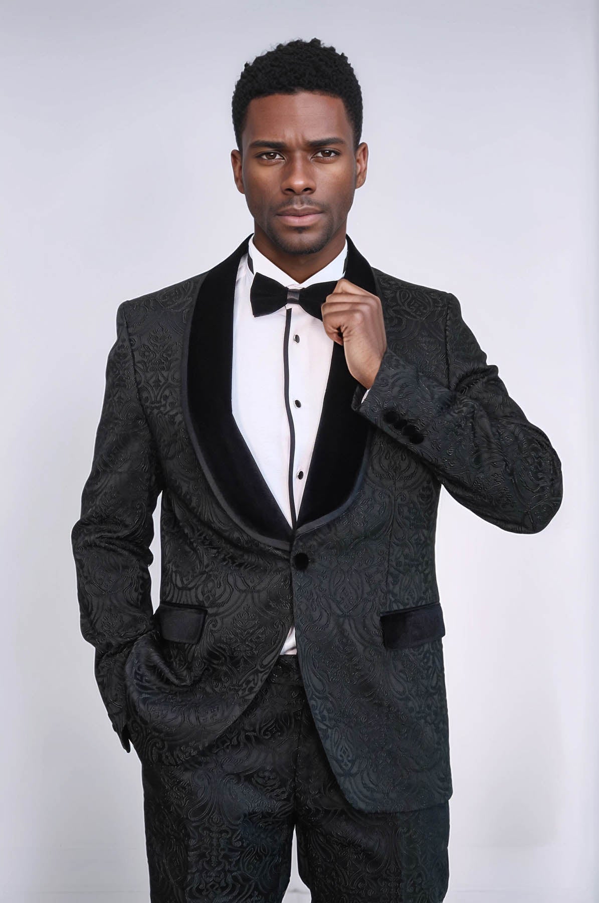 2 Piece Damask Patterned Velvet Shawl Collar Black Men's Tuxedo Suit - Wessi