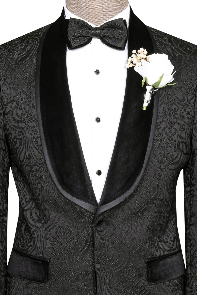 Black Tuxedo with Velvet Lapel Detail, Patterned Waistcoat, and White Shirt Look - Wessi Wedding Style