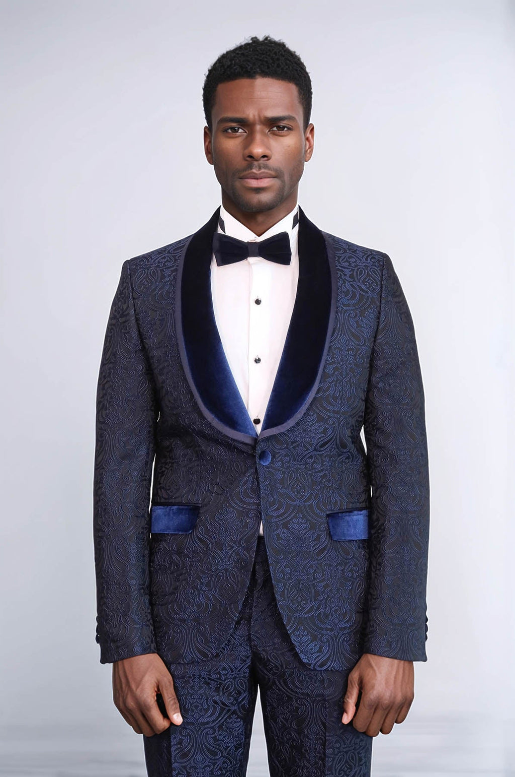 2 Piece Damask Patterned Velvet Shawl Collar Royal Blue Men's Tuxedo Suit - Wessi