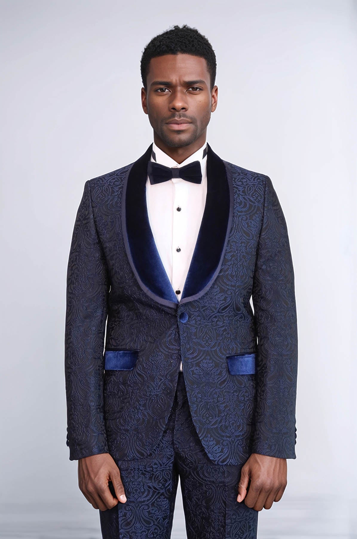 2 Piece Damask Patterned Velvet Shawl Collar Royal Blue Men's Tuxedo Suit - Wessi