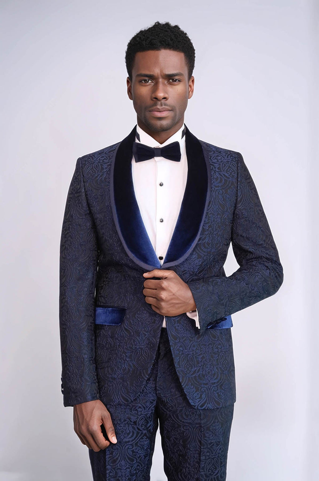 2 Piece Damask Patterned Velvet Shawl Collar Royal Blue Men's Tuxedo Suit - Wessi