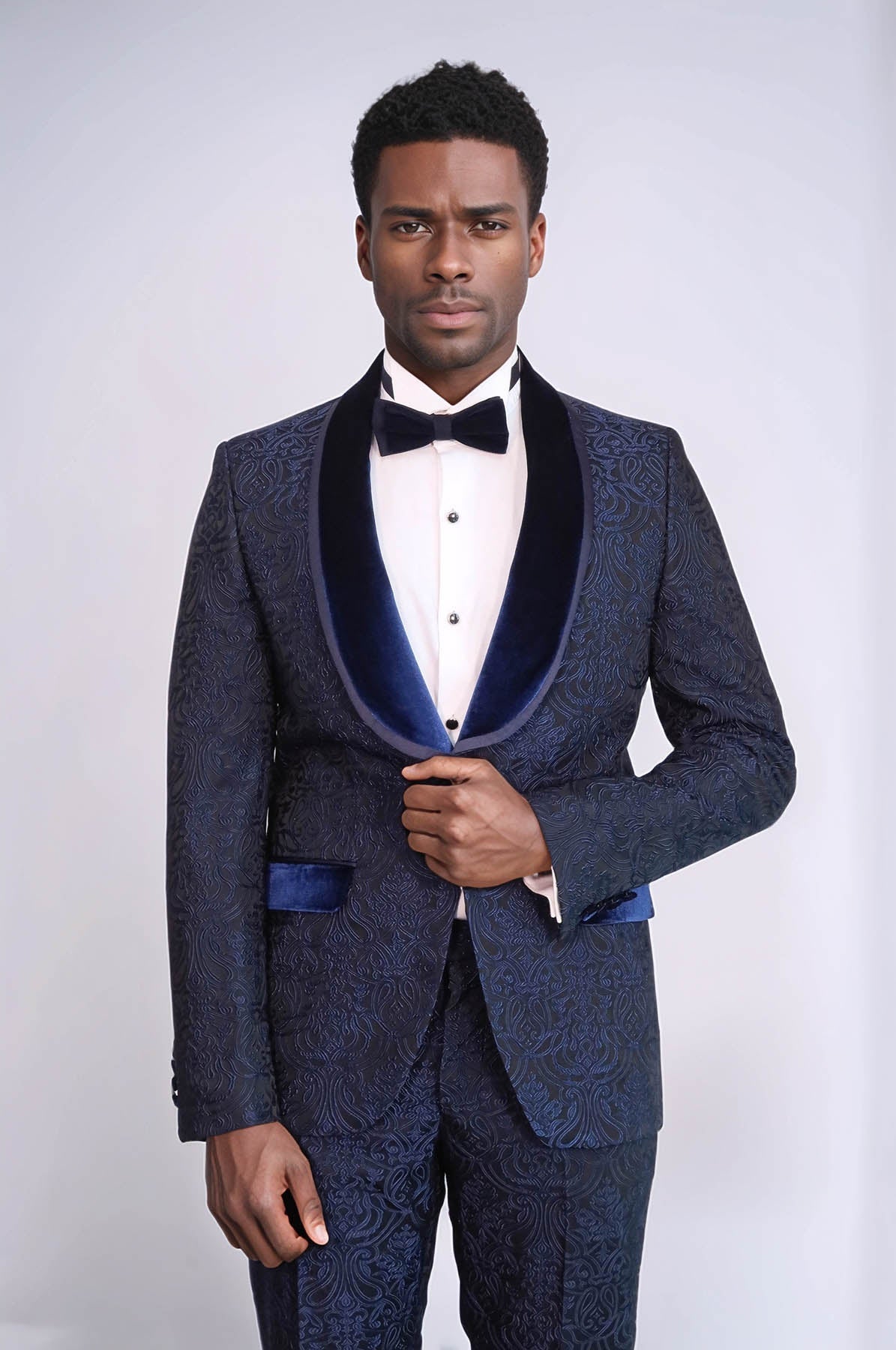 2 Piece Damask Patterned Velvet Shawl Collar Royal Blue Men's Tuxedo Suit - Wessi