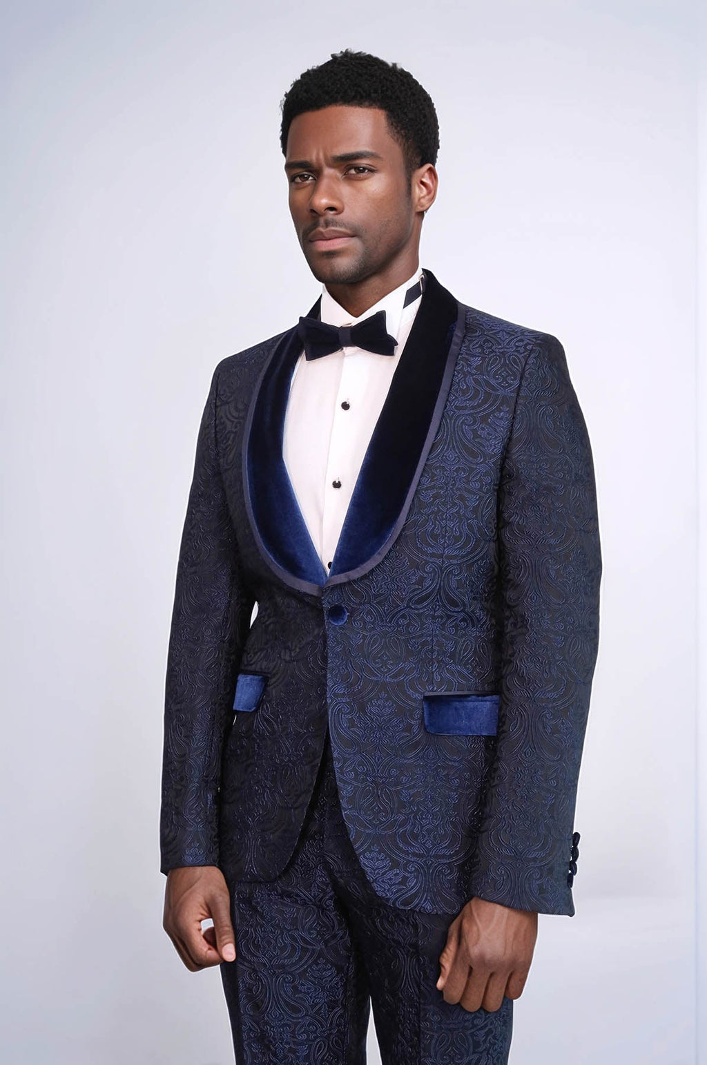 2 Piece Damask Patterned Velvet Shawl Collar Royal Blue Men's Tuxedo Suit - Wessi