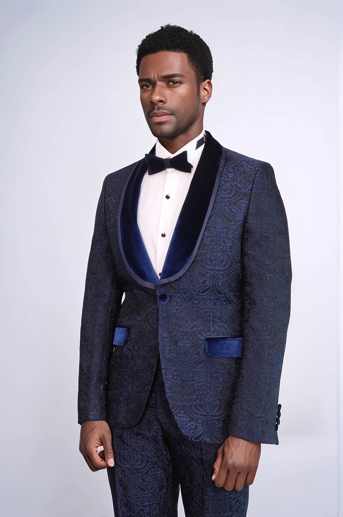 2 Piece Damask Patterned Velvet Shawl Collar Royal Blue Men's Tuxedo Suit - Wessi