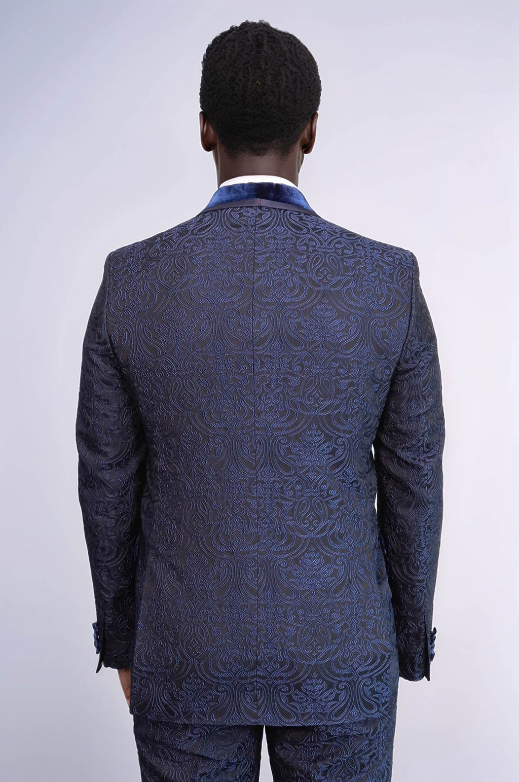 2 Piece Damask Patterned Velvet Shawl Collar Royal Blue Men's Tuxedo Suit - Wessi