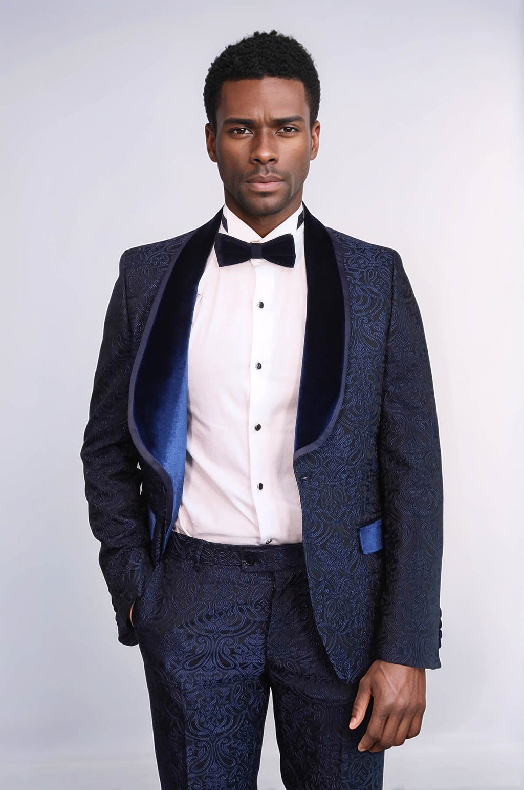 2 Piece Damask Patterned Velvet Shawl Collar Royal Blue Men's Tuxedo Suit - Wessi