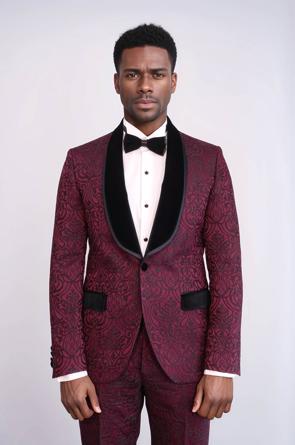 2 Piece Damask Patterned Velvet Shawl Collar Burgundy Men's Tuxedo Suit - Wessi