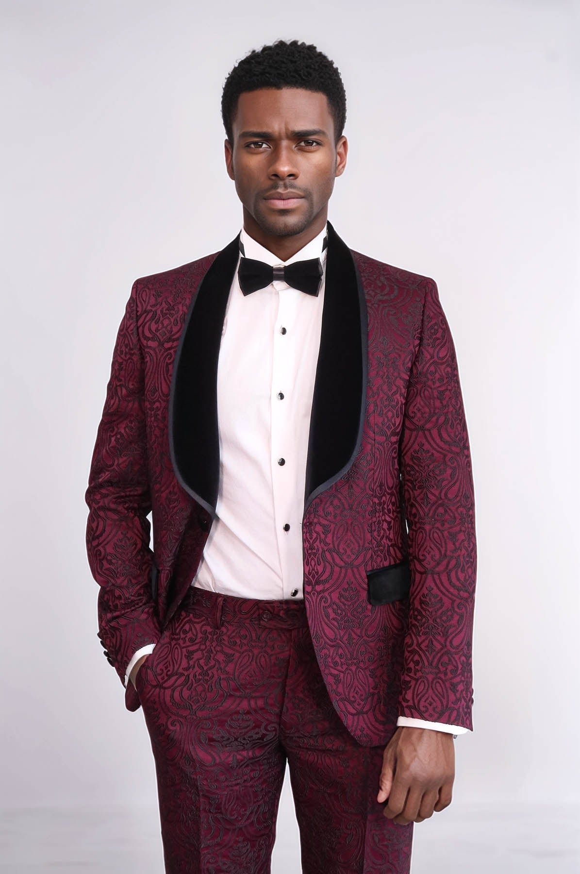 2 Piece Damask Patterned Velvet Shawl Collar Burgundy Men's Tuxedo Suit - Wessi