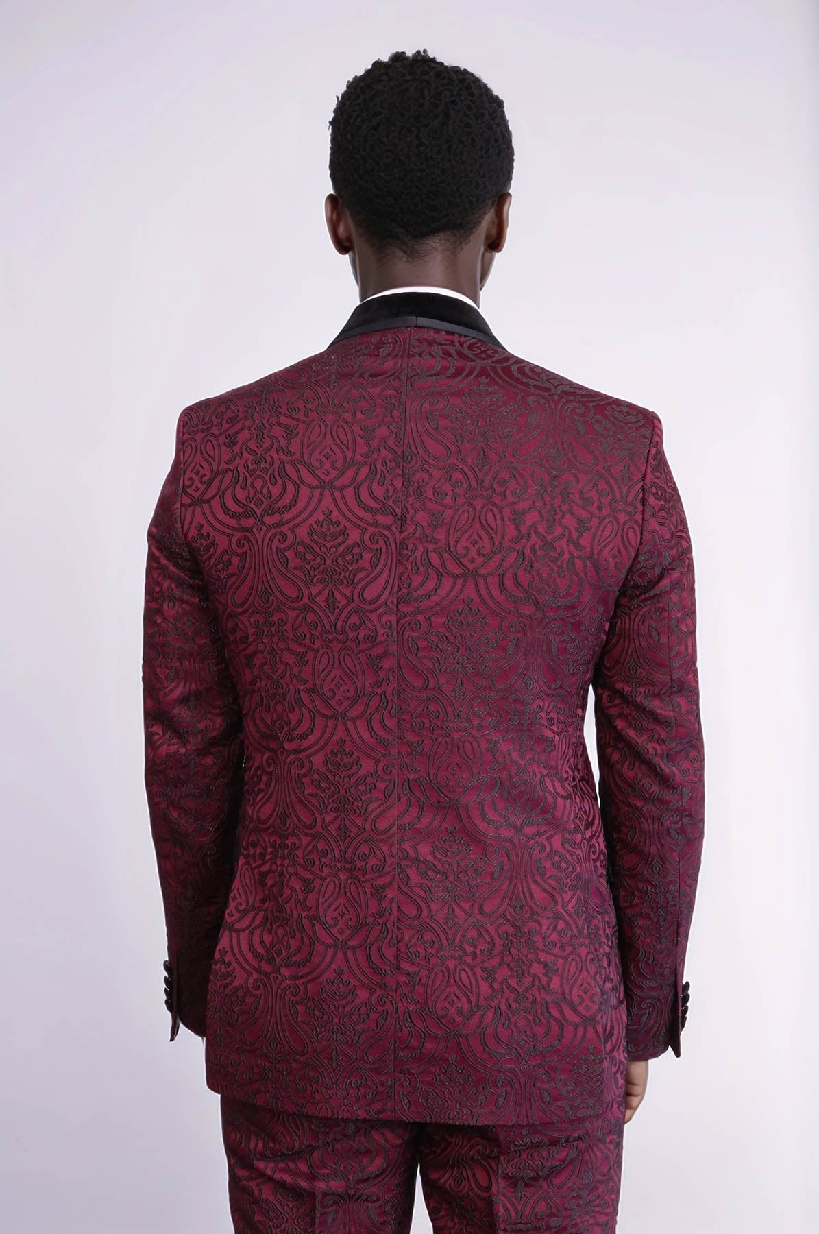 2 Piece Damask Patterned Velvet Shawl Collar Burgundy Men's Tuxedo Suit - Wessi