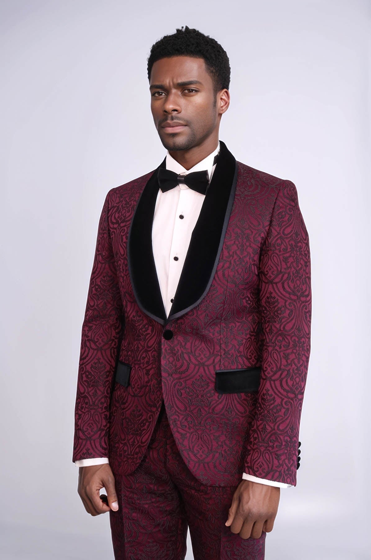 2 Piece Damask Patterned Velvet Shawl Collar Burgundy Men's Tuxedo Suit - Wessi