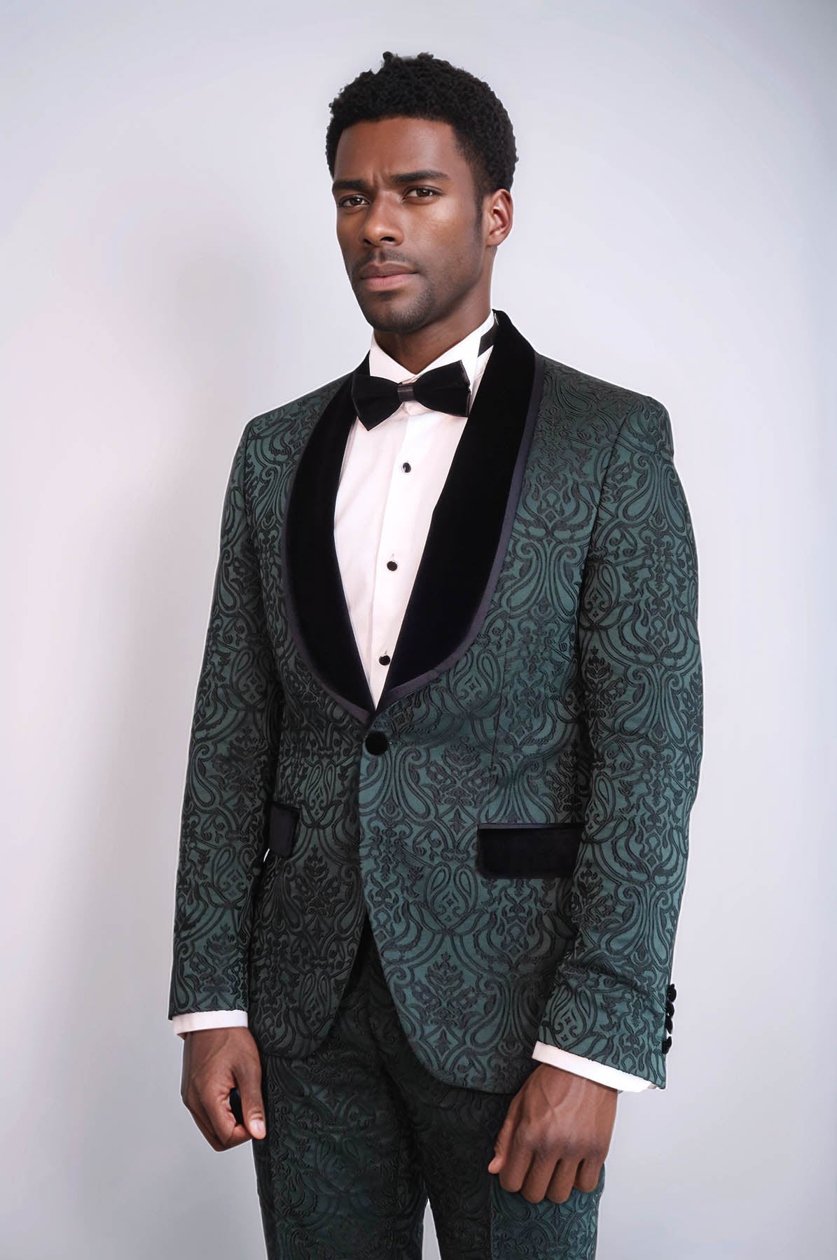 2 Piece Damask Patterned Velvet Shawl Collar Emerald Green Men's Tuxedo Suit - Wessi