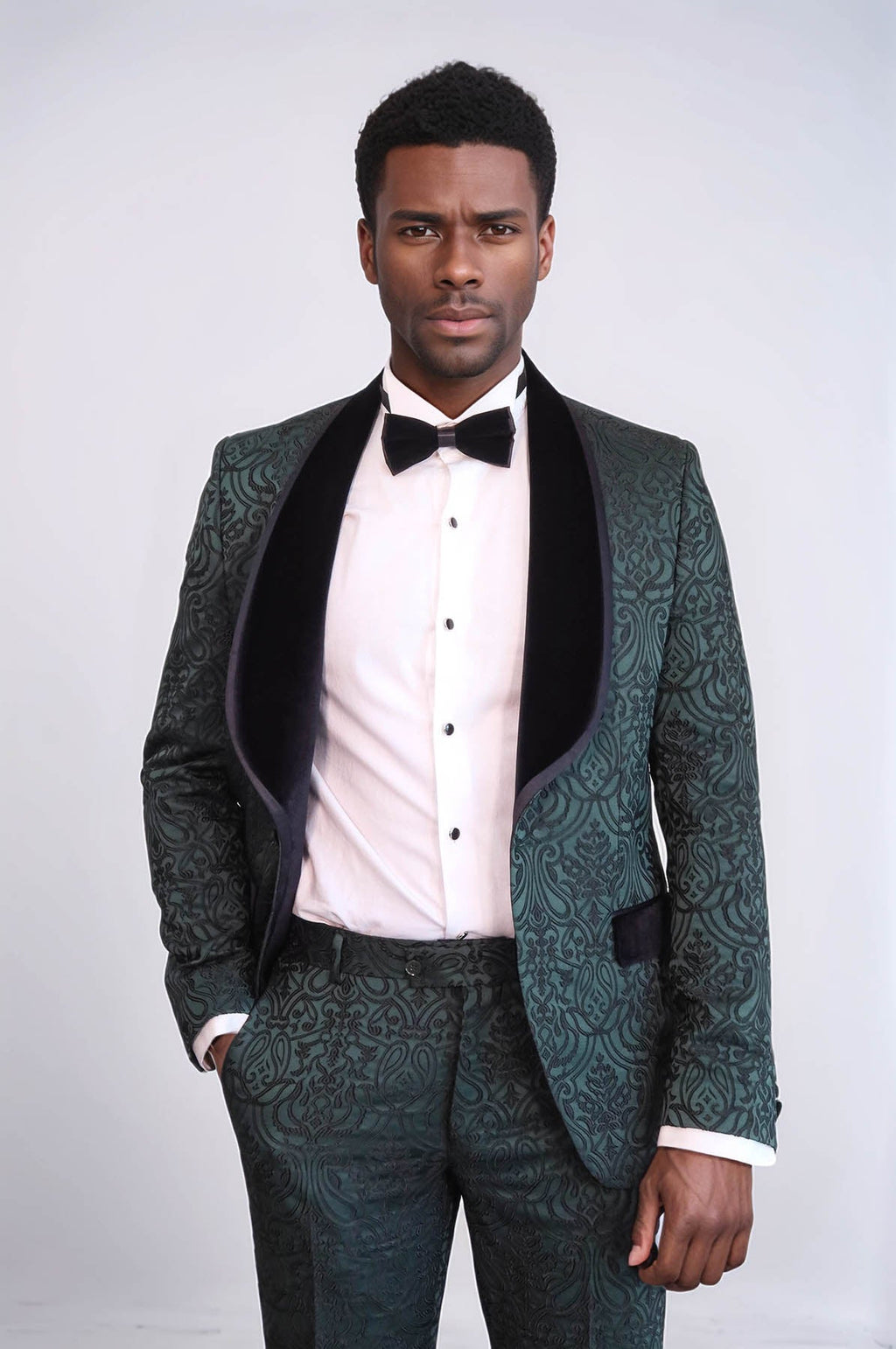 2 Piece Damask Patterned Velvet Shawl Collar Emerald Green Men's Tuxedo Suit - Wessi