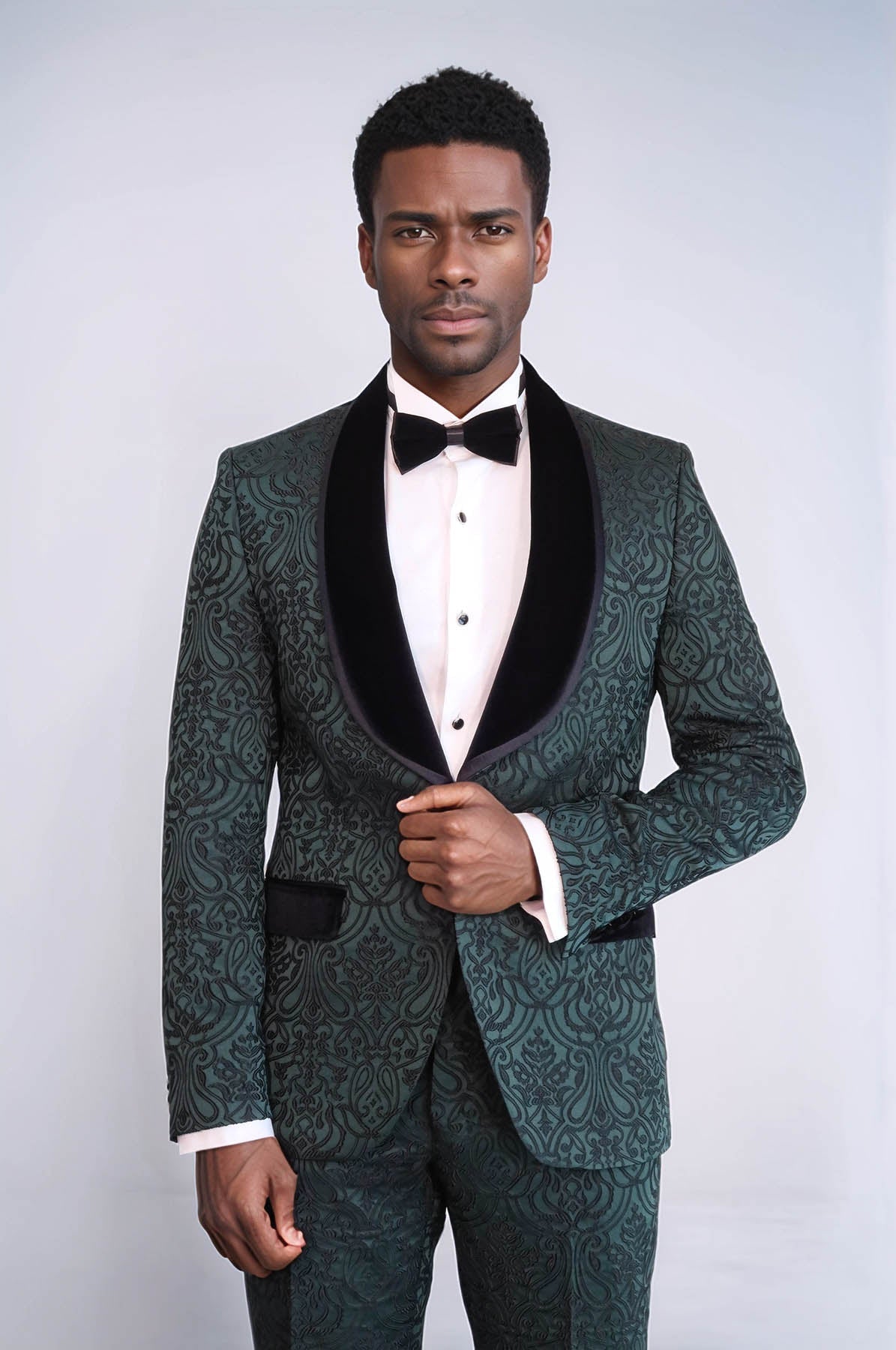 2 Piece Damask Patterned Velvet Shawl Collar Emerald Green Men's Tuxedo Suit - Wessi