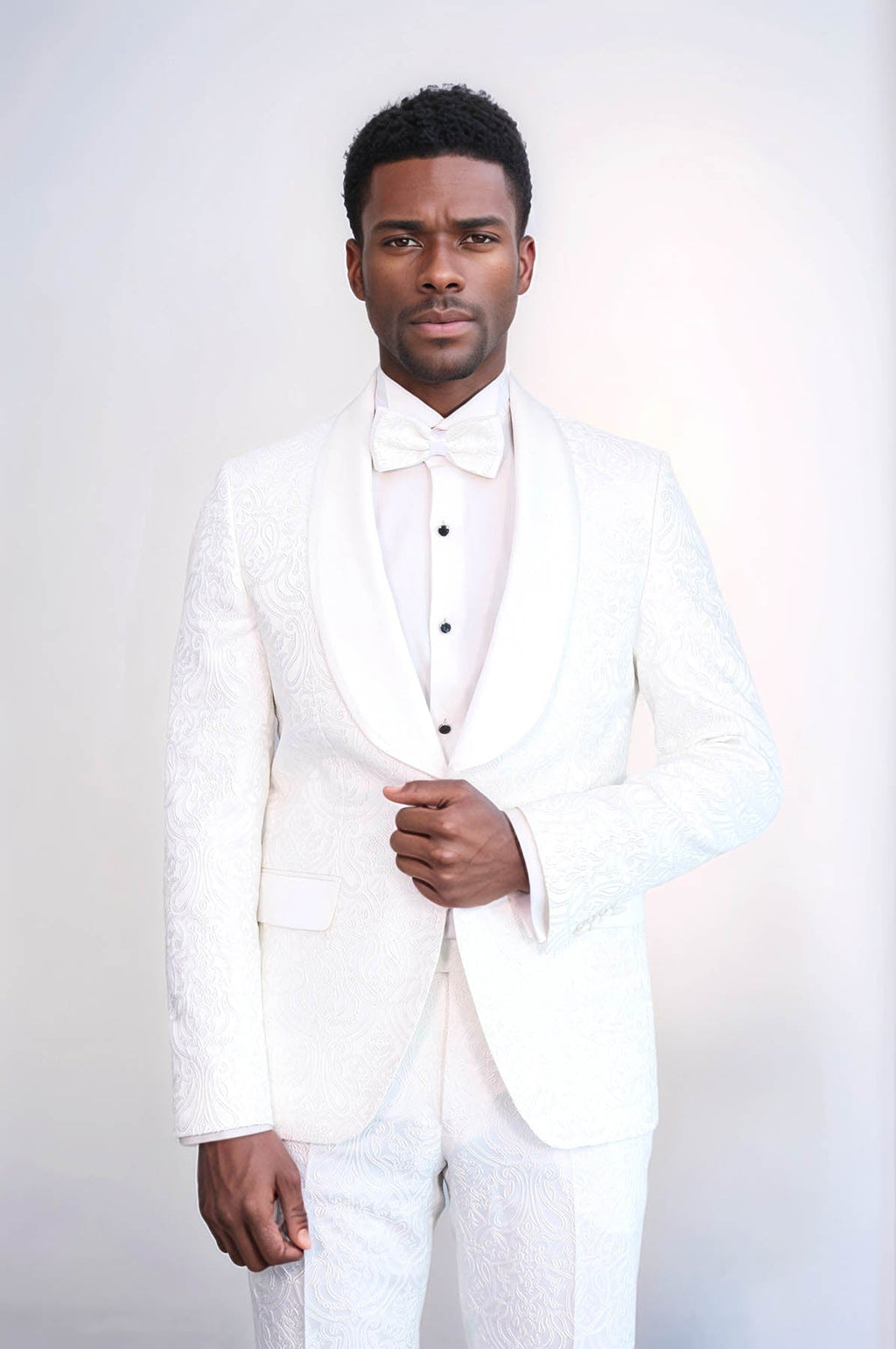 2 Piece Damask Patterned Velvet Shawl Collar White Men's Tuxedo Suit - Wessi