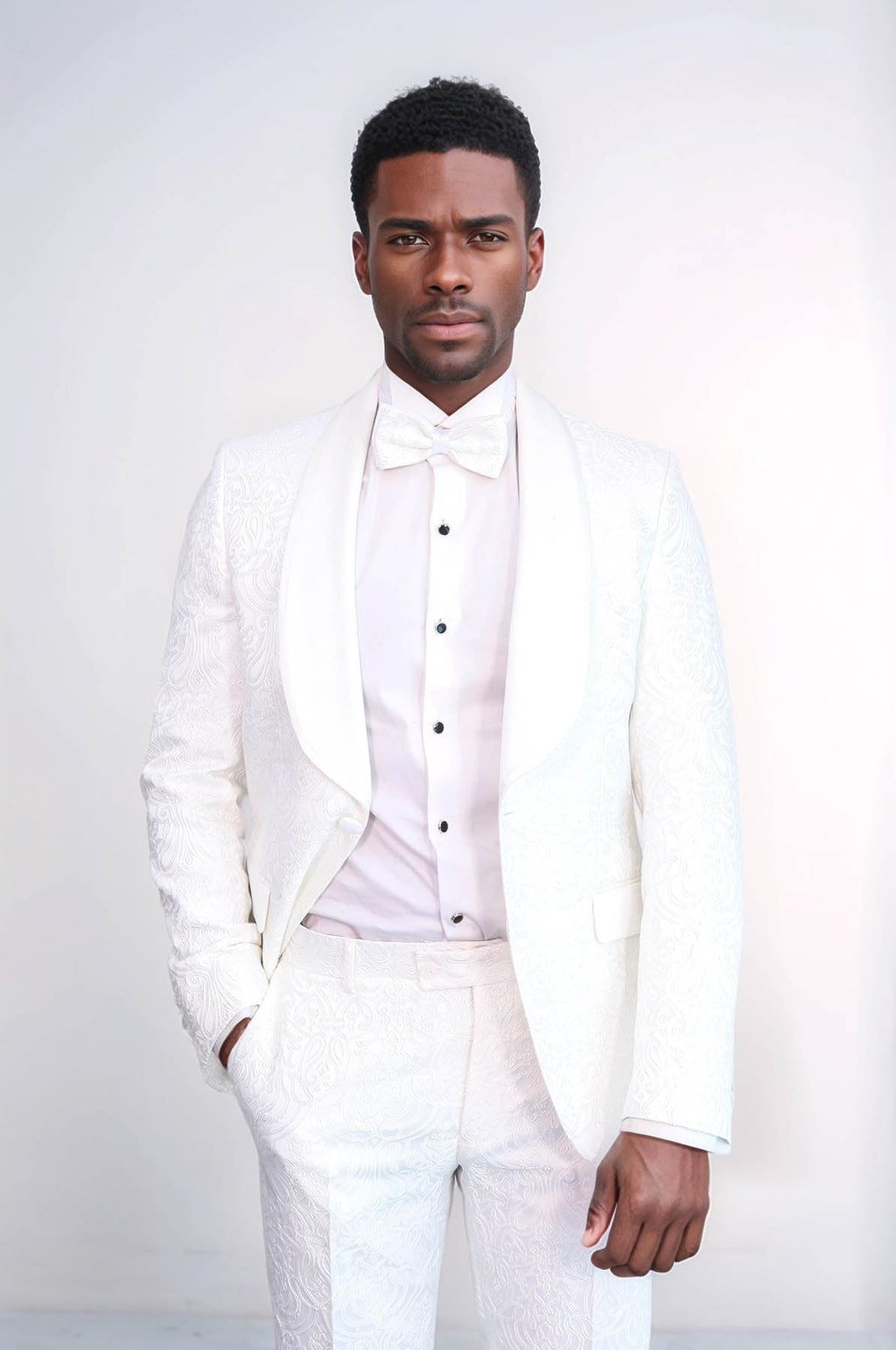 2 Piece Damask Patterned Velvet Shawl Collar White Men's Tuxedo Suit - Wessi