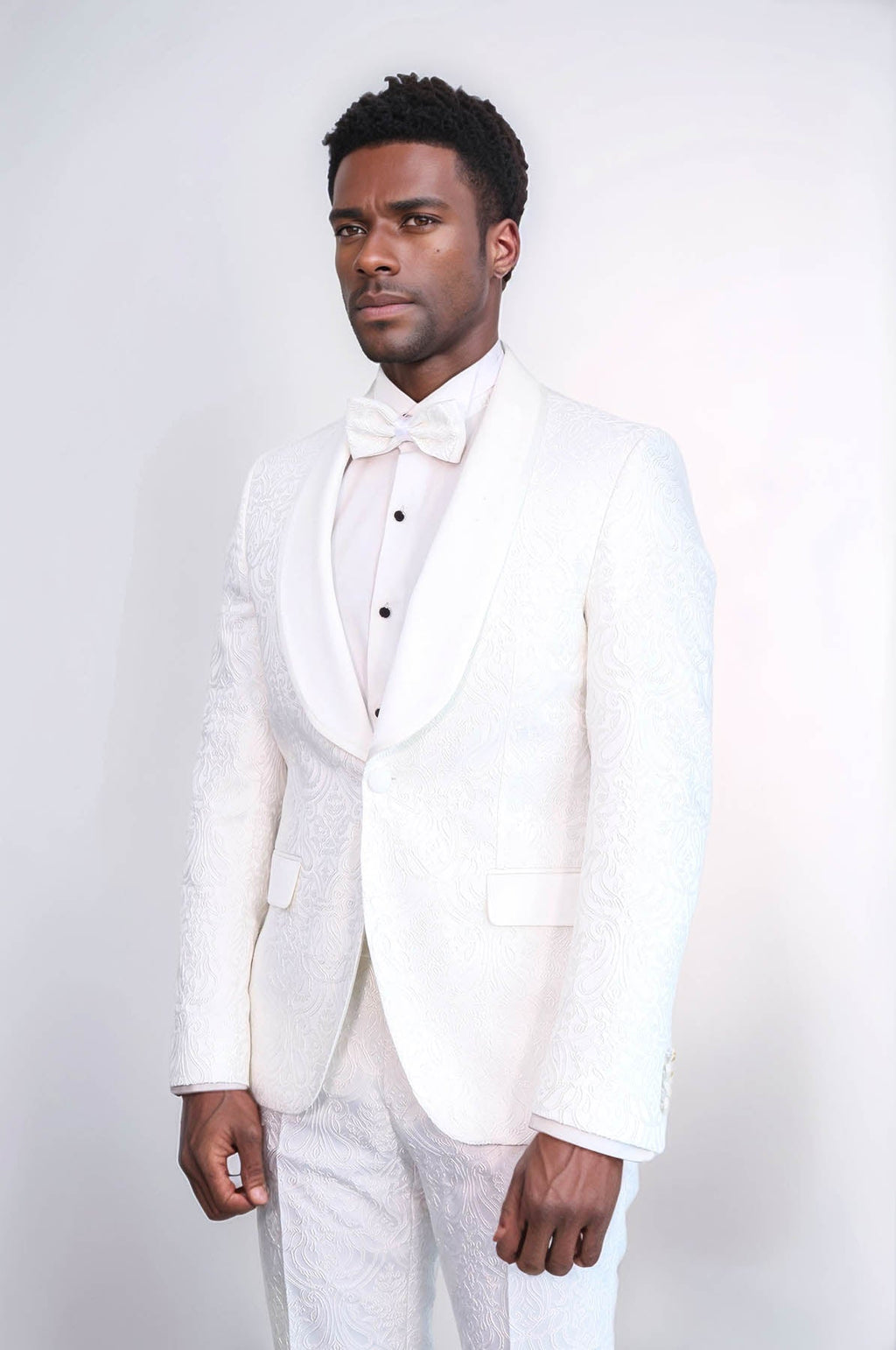 2 Piece Damask Patterned Velvet Shawl Collar White Men's Tuxedo Suit - Wessi