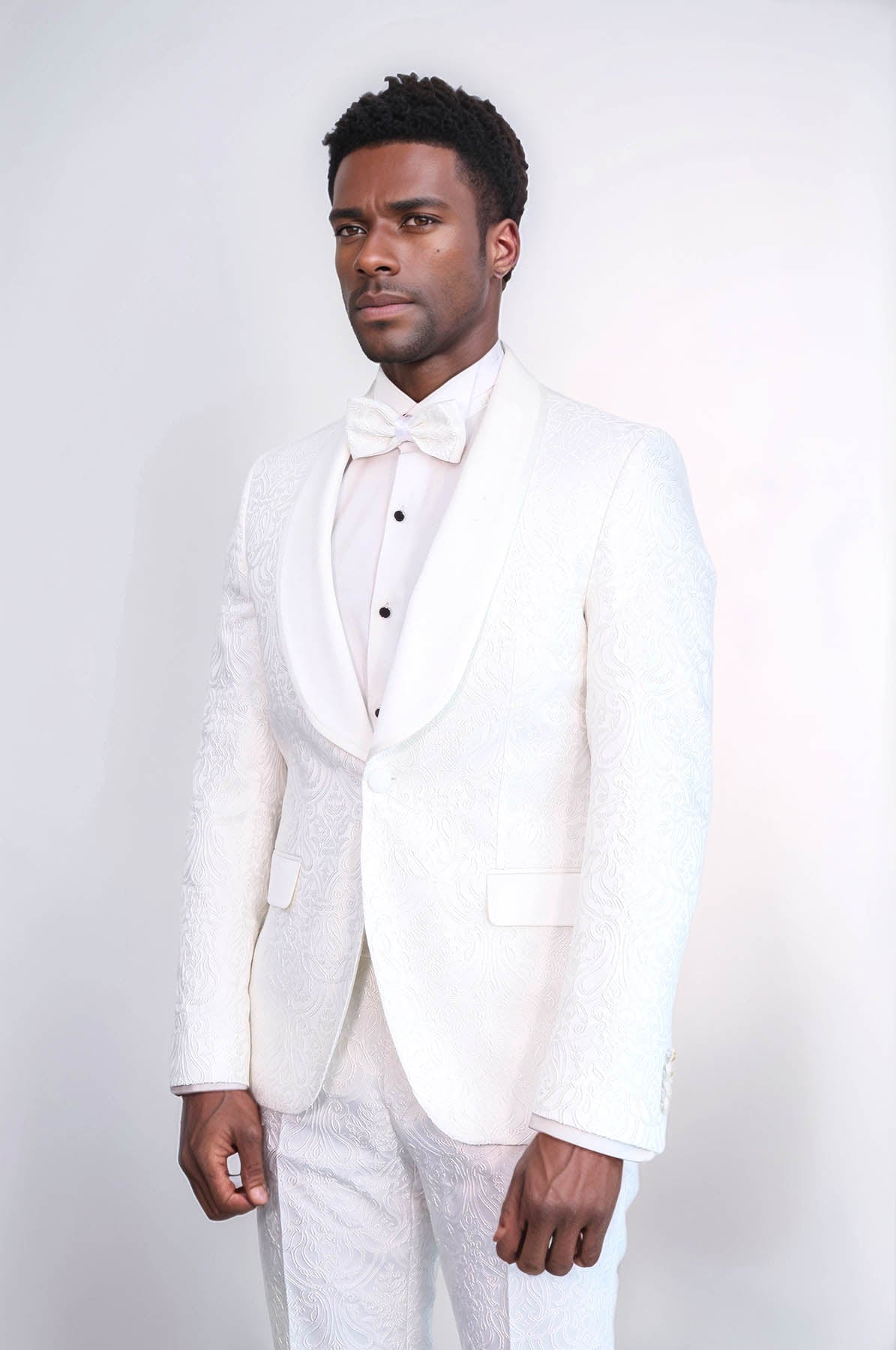 2 Piece Damask Patterned Velvet Shawl Collar White Men's Tuxedo Suit - Wessi