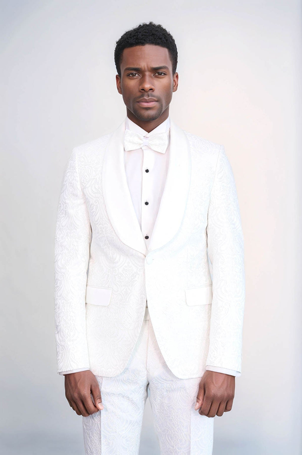 2 Piece Damask Patterned Velvet Shawl Collar White Men's Tuxedo Suit - Wessi