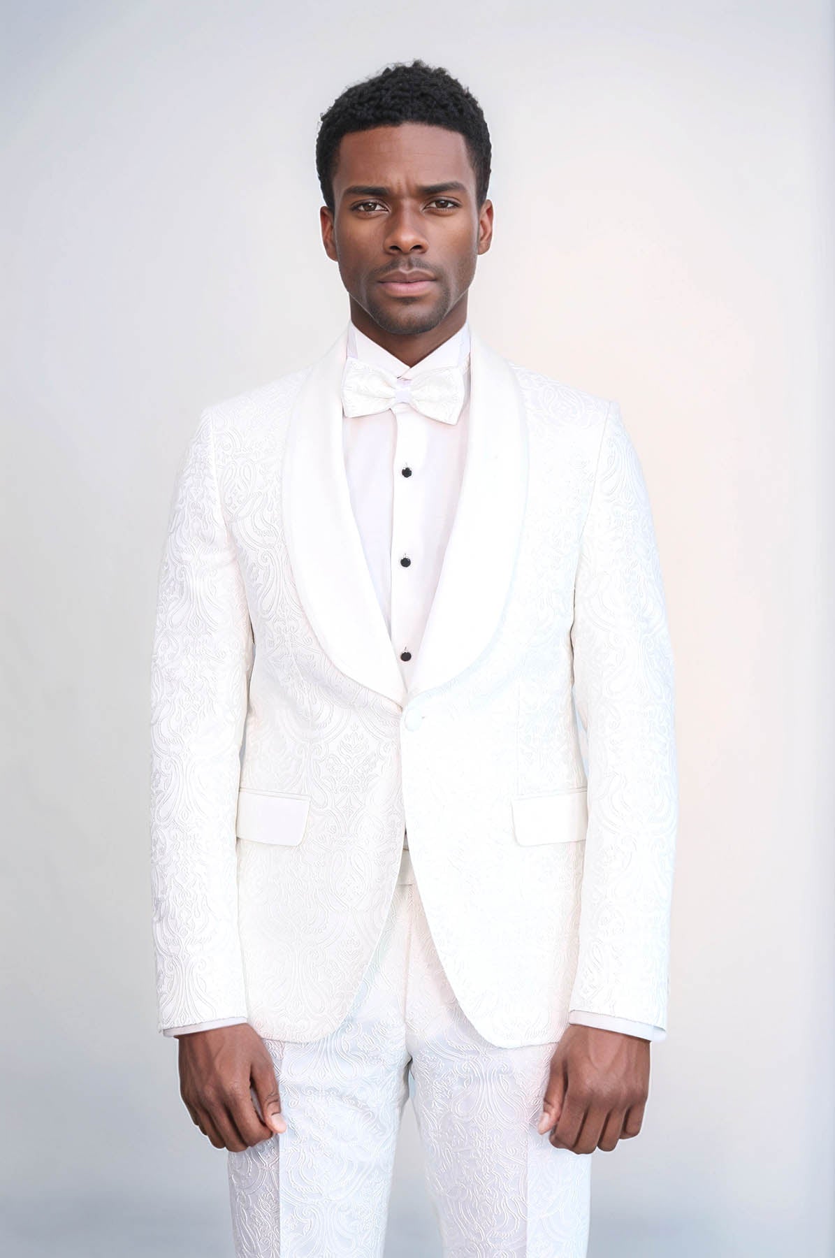 2 Piece Damask Patterned Velvet Shawl Collar White Men's Tuxedo Suit - Wessi